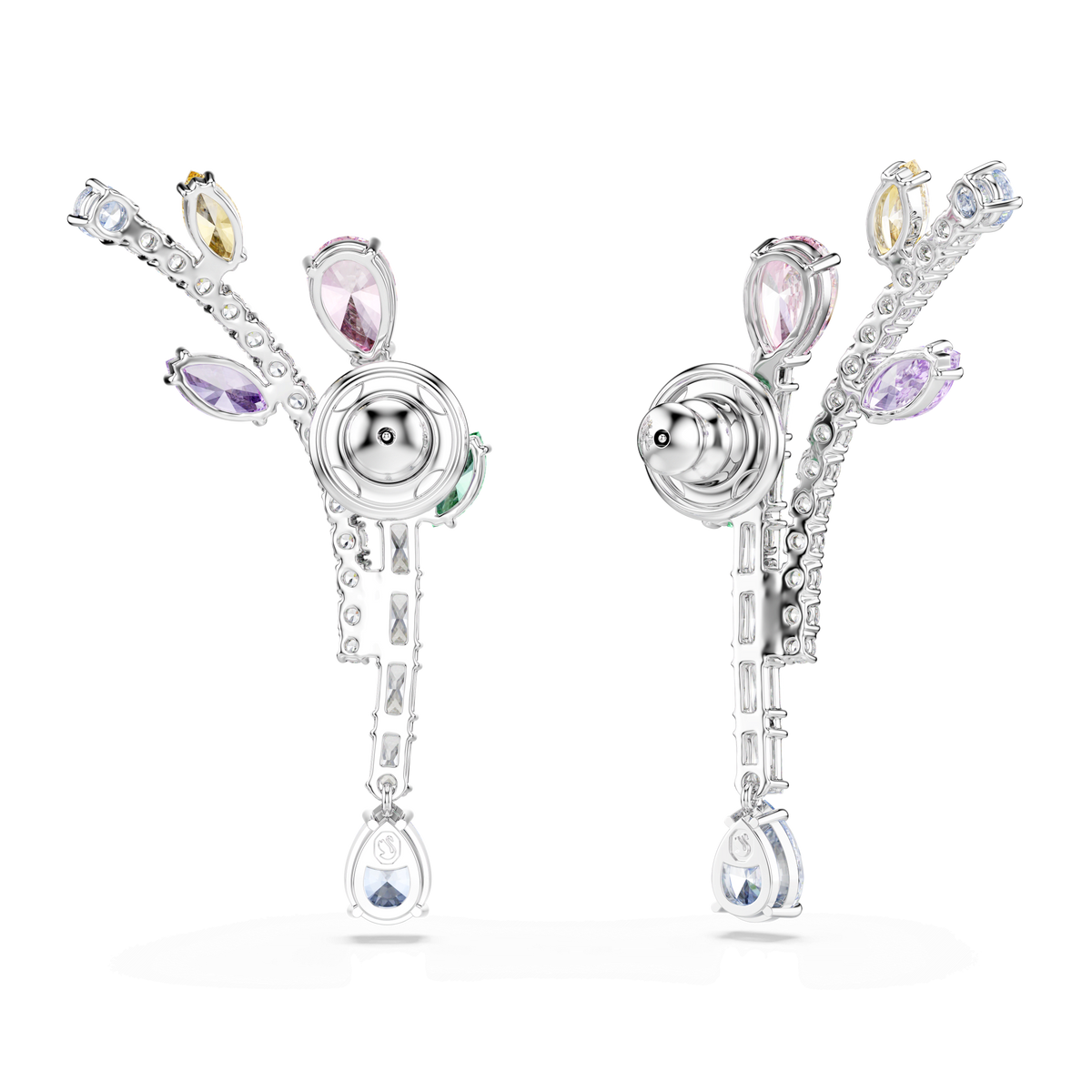 A pair of Swarovski Ariana Grande x Swarovski drop earrings in rhodium plating, featuring mixed-cut pastel-colored gemstones arranged on elegantly branching silver arms with delicate circular and rectangular accents. The design recalls classic Swarovski artistry and is showcased against a plain white background.