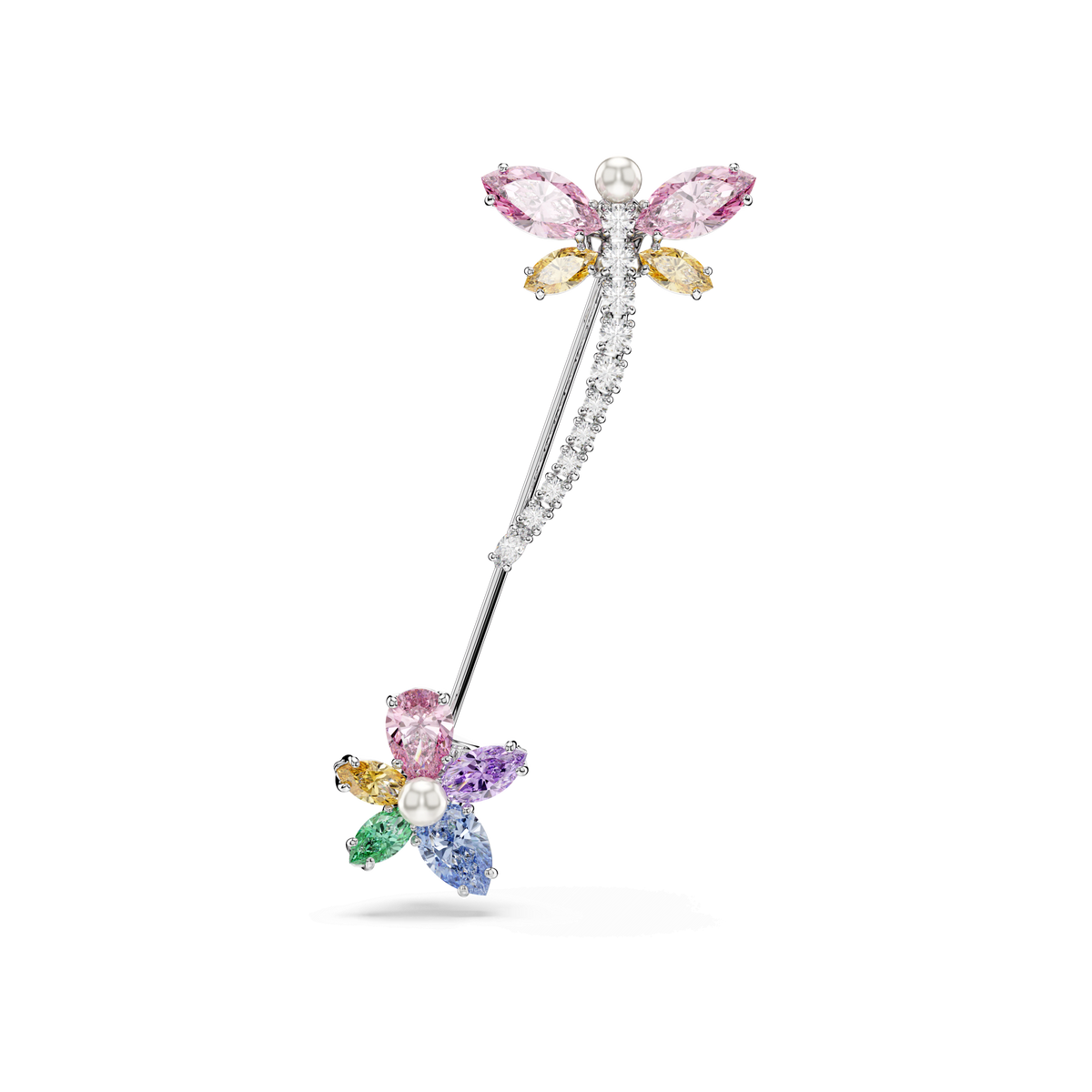 Experience the Swarovski Ariana Grande x Swarovski brooch—a nature-inspired statement piece featuring mixed-cut, multicolored crystals arranged in a dragonfly design and set on gleaming rhodium-plated metal. This elegant brooch captures the beauty of colorful gemstones in a floral motif, perfect for admirers of artfully crafted jewelry.