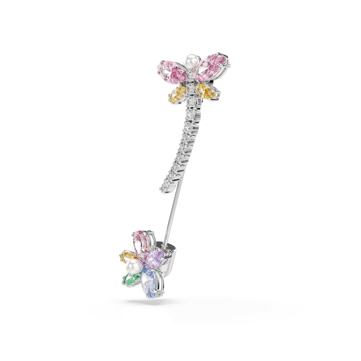 Introducing the Swarovski Ariana Grande x Swarovski brooch: a rhodium-plated masterpiece featuring two dragonflies, each embellished with mixed-cut, multicolored Swarovski Zirconia in shades of pink, yellow, green, and blue. This exquisite nature-inspired accessory from Swarovski captures the vibrant beauty of the outdoors and shimmers brilliantly against a white background.