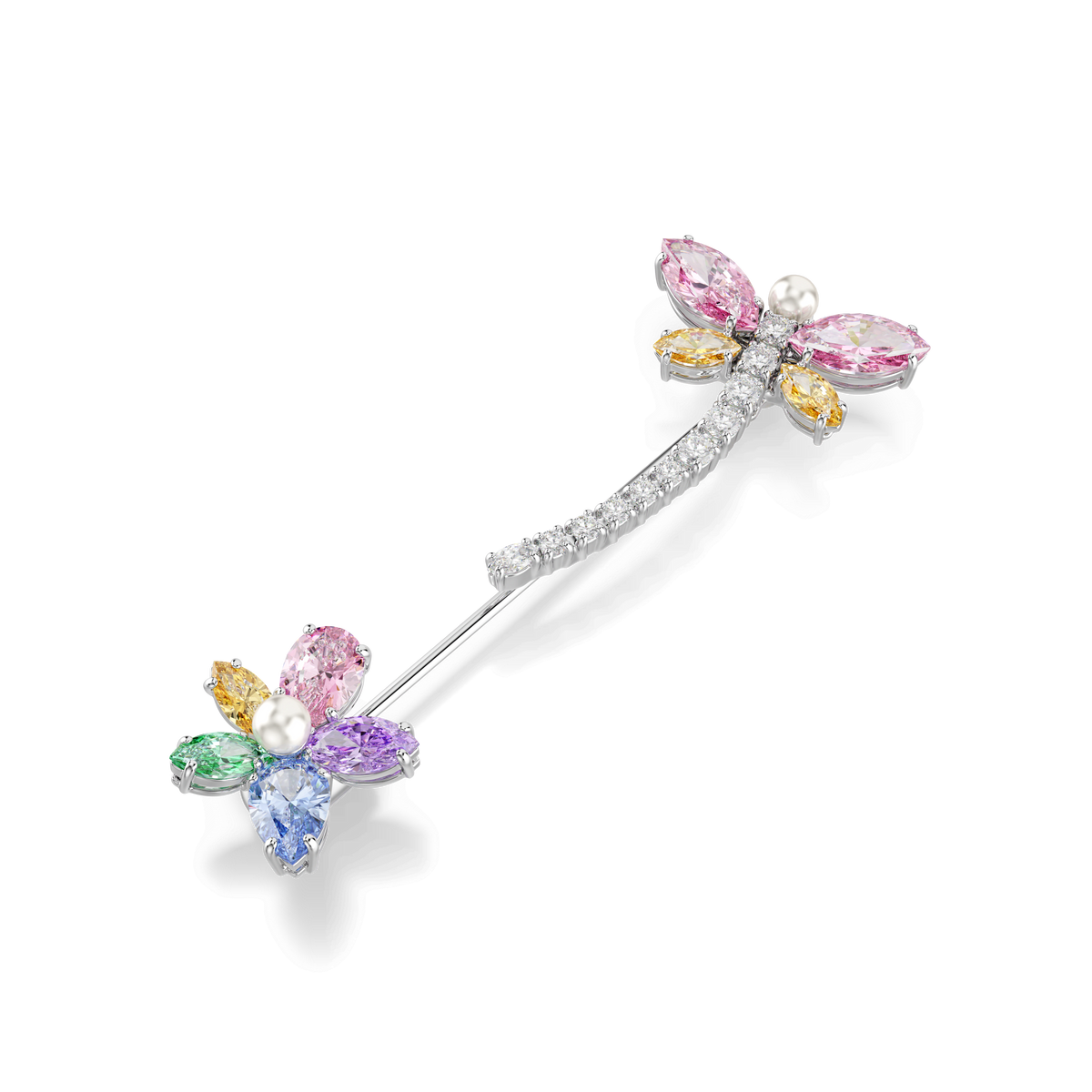 The Swarovski Ariana Grande x Swarovski brooch, crafted in a dragonfly shape with mixed-cut multicolored stones and finished with rhodium plating, showcases nature-inspired elegance. Featuring dazzling Swarovski Zirconia in shades of pink, yellow, green, and blue, this stunning piece from Swarovski is beautifully displayed on a white background.