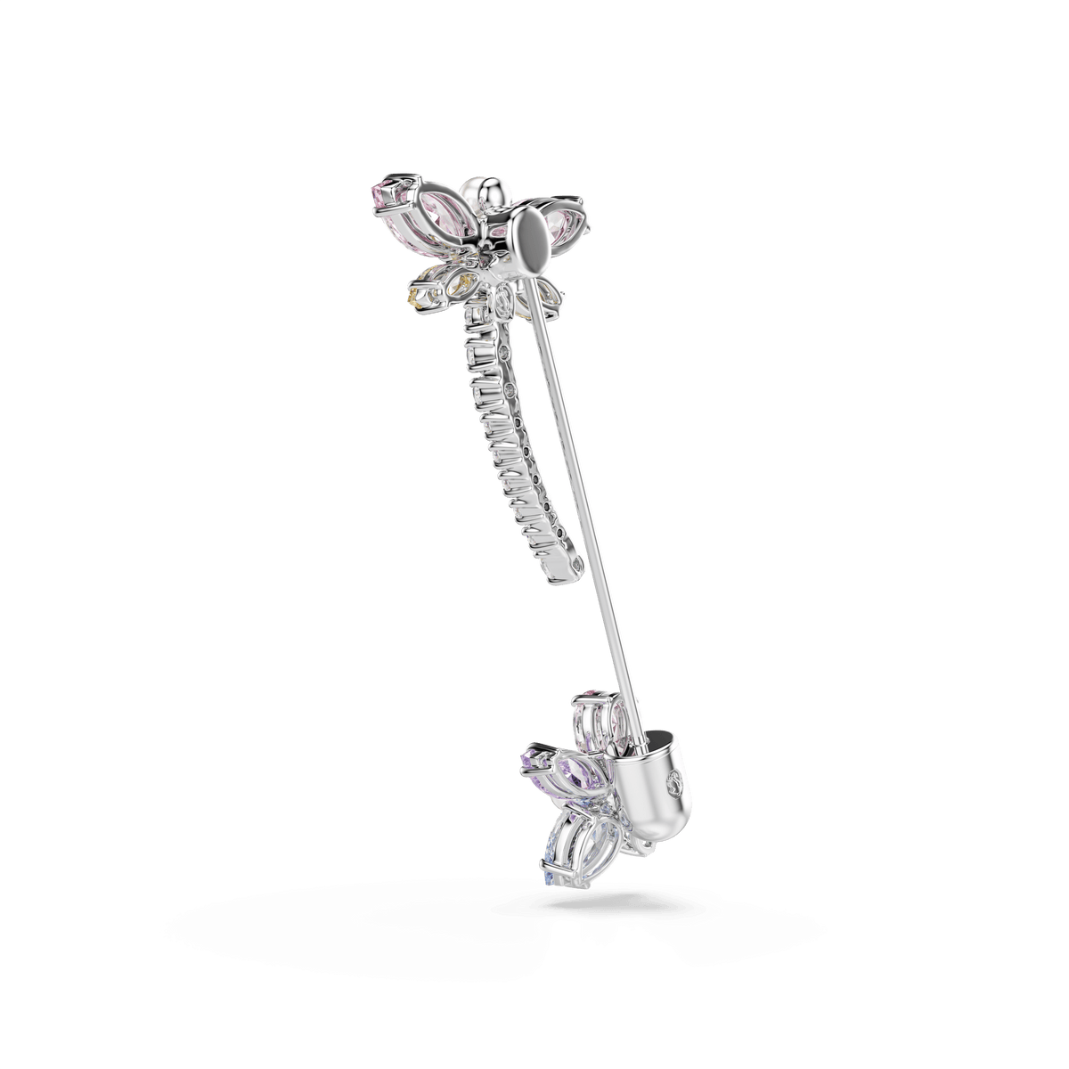 A decorative rhodium-plated brooch from the Swarovski Ariana Grande x Swarovski collection, featuring a dragonfly motif crafted with multicolored mixed-cut crystals reminiscent of nature’s elegance, photographed against a plain white background.