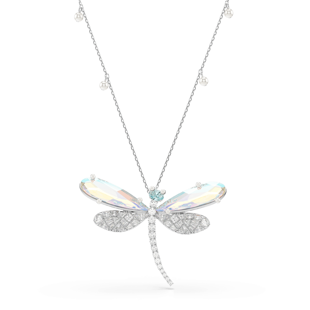 A luxurious piece from Swarovski, the Ariana Grande x Swarovski pendant and brooch showcases a rhodium-plated dragonfly design adorned with white mixed-cut crystals and shimmering crystal pearls—an exquisite fusion of elegance and artistry.