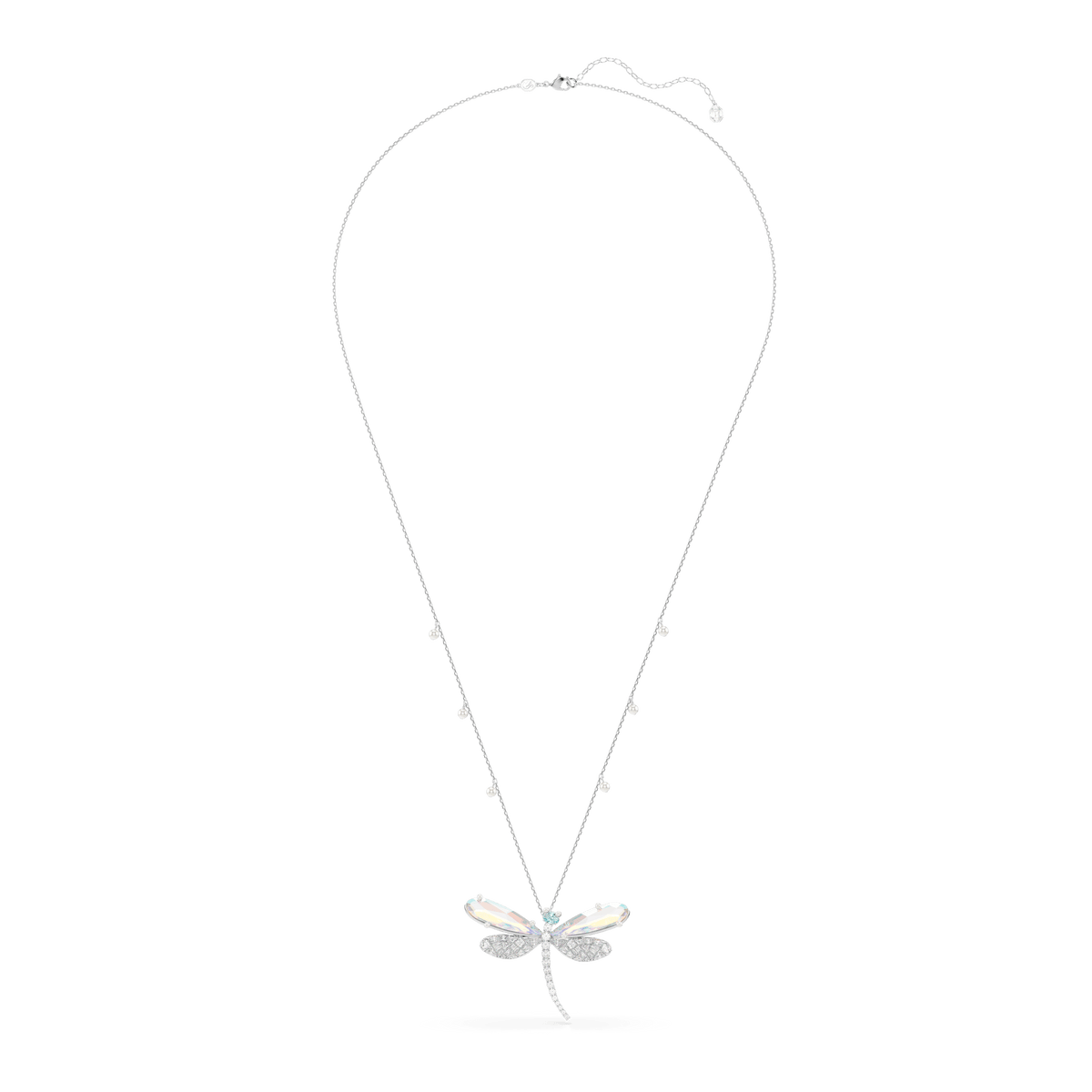 Showcase your style with the Swarovski Ariana Grande x Swarovski pendant and brooch, a rhodium-plated piece featuring a dragonfly design adorned with mixed-cut crystals and crystal pearls in white. Presented on a white background, this elegant accessory embodies luxury jewelry for those who value refined sophistication.