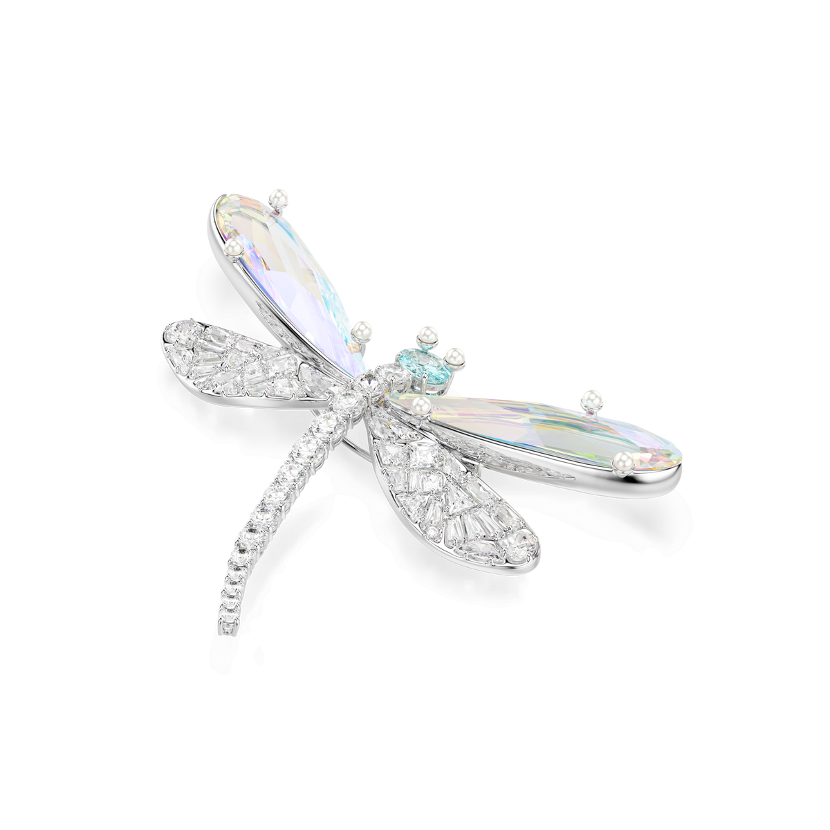 The Swarovski Ariana Grande x Swarovski Dragonfly pendant and brooch features mixed-cut crystals, a luminous crystal pearl, and rhodium-plated wings, set against a plain white background—an elegant luxury accessory that beautifully captures the allure of dragonfly-inspired jewelry.