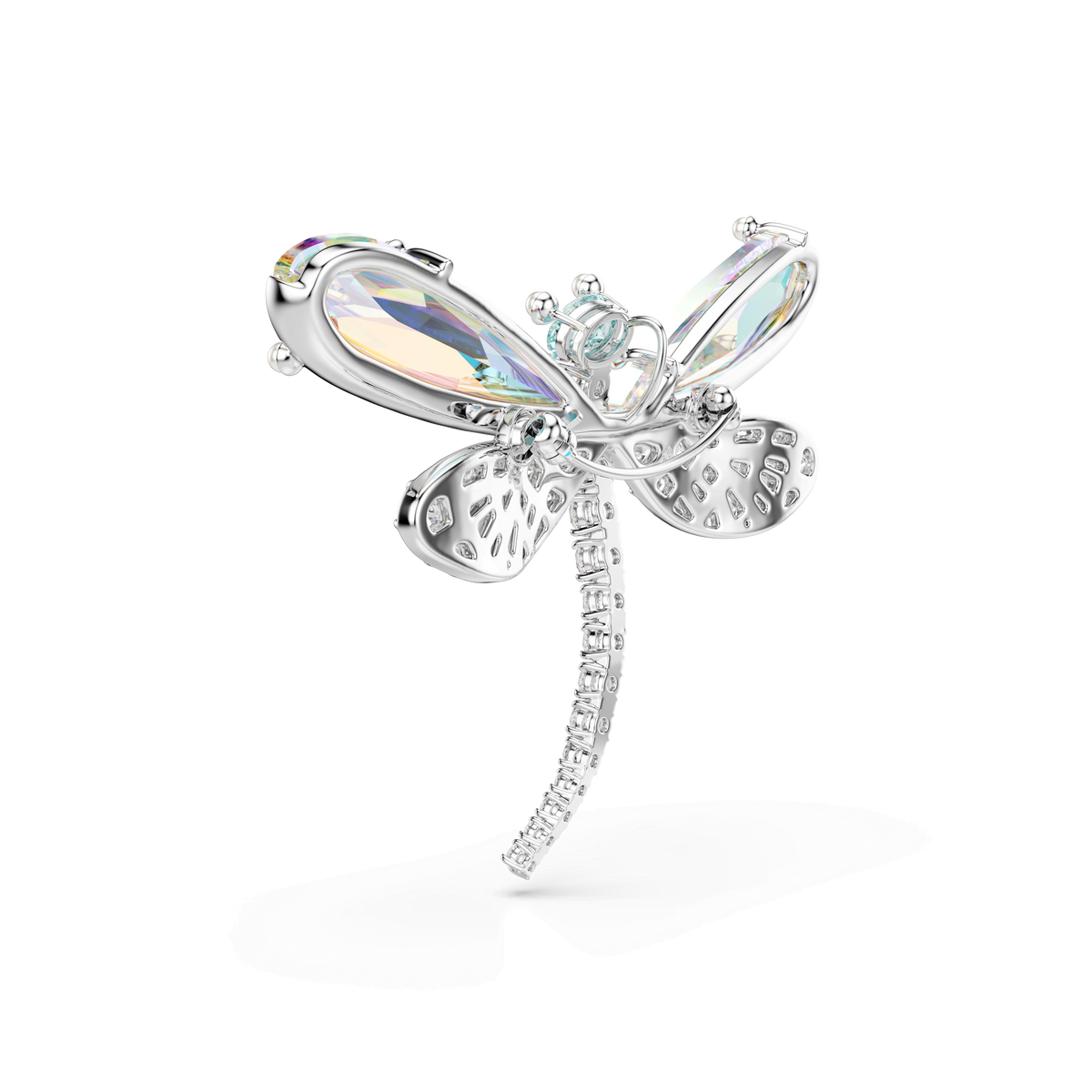 A dazzling Swarovski Ariana Grande x Swarovski pendant and brooch, featuring a dragonfly design with crystal pearls, mixed cut stones, and rhodium plating in white—this luxurious piece is showcased against a plain white background.