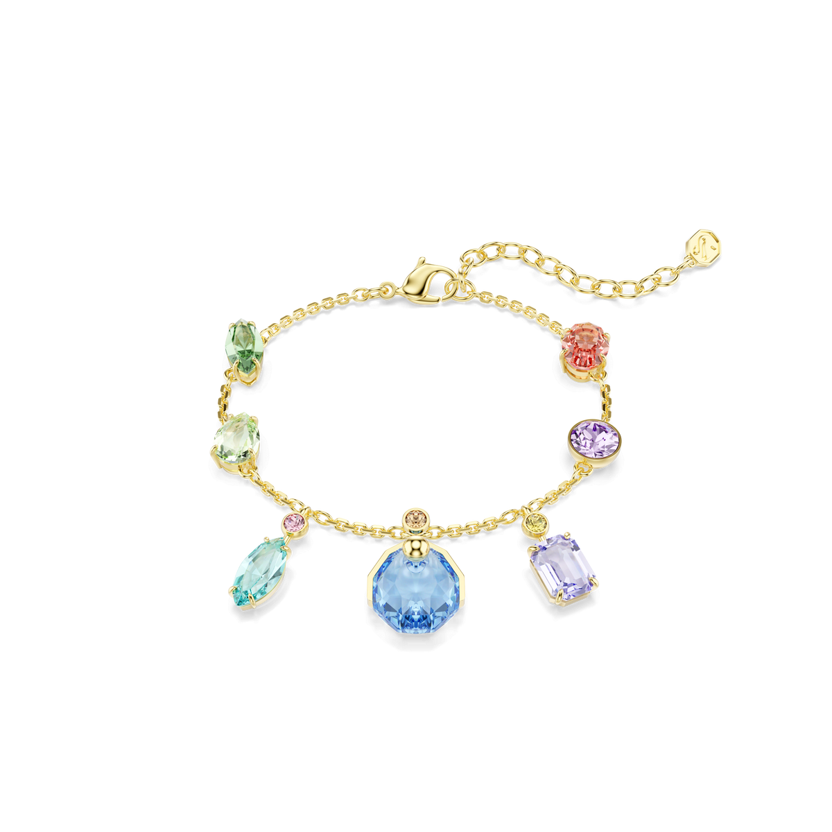 The Swarovski Gema bracelet by Swarovski is an 18K gold finished piece featuring seven vibrant, dangling Swarovski Recreated crystal charms in a mix of shapes and multicolored hues—including blue, green, pink, and purple—set on an adjustable bracelet and beautifully displayed on a white background.