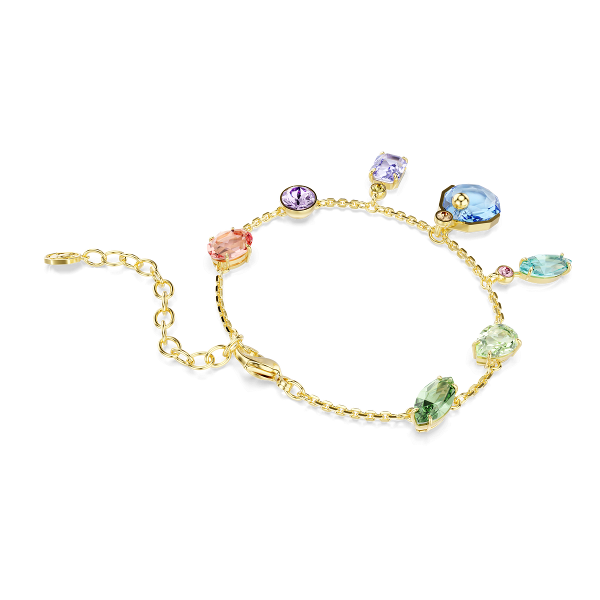 The Swarovski Gema bracelet features dangling multicolored crystals in mixed cuts, crafted with an 18K gold finish and displayed on a white background.
