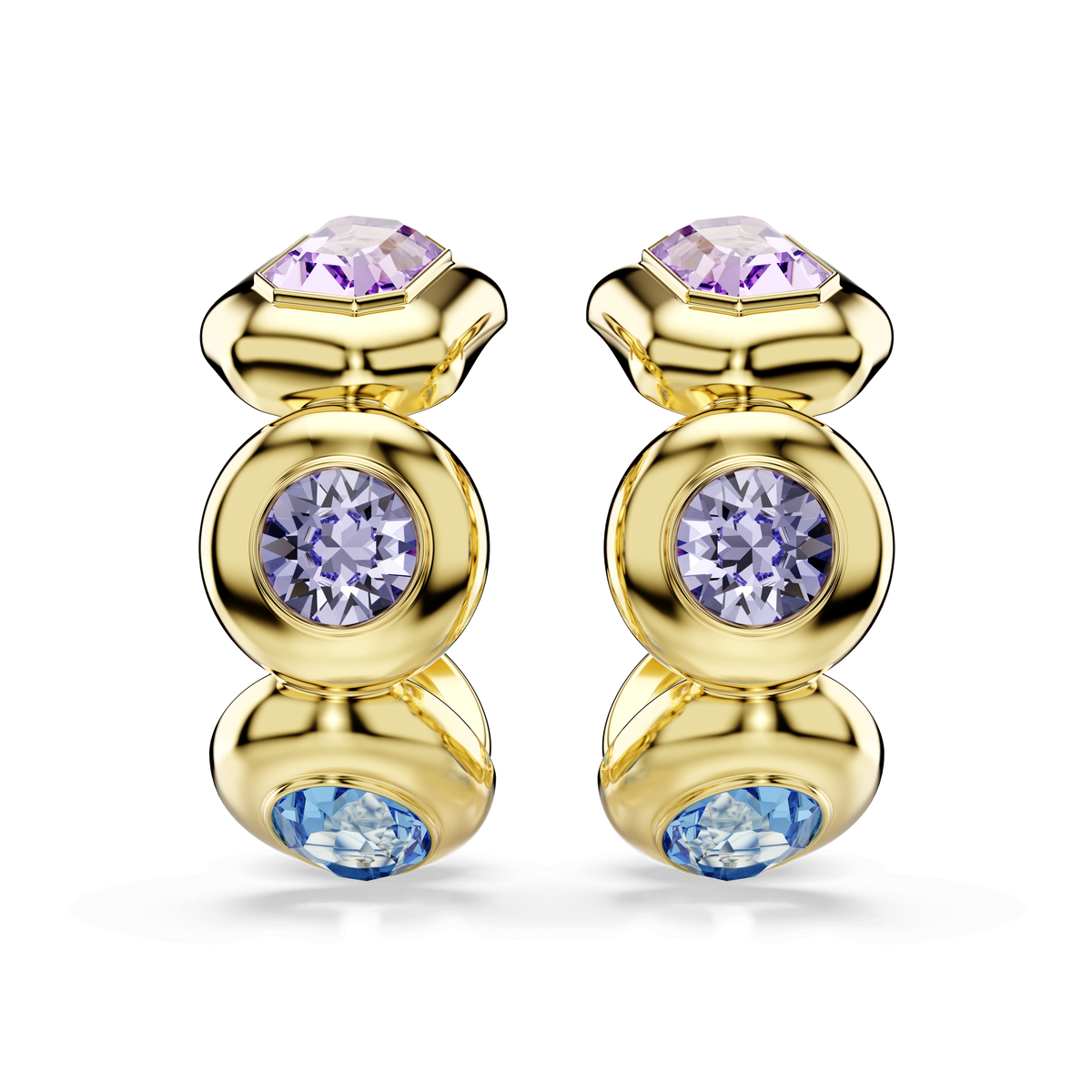 A pair of Swarovski Gema hoop earrings by Swarovski, crafted with an 18K gold finish and adorned with mixed-cut, multicolored Swarovski crystals arranged vertically against a white background.