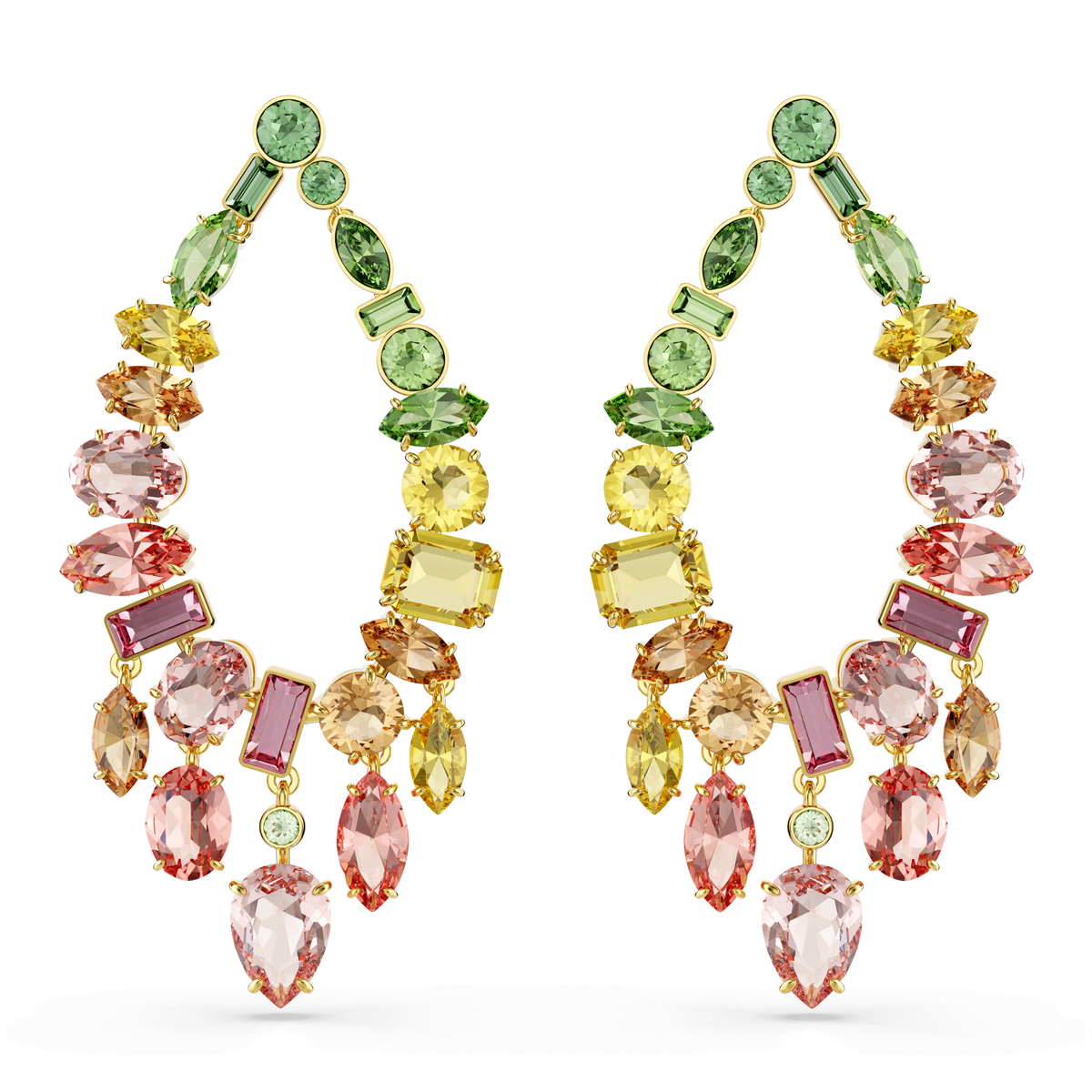 The Swarovski Gema drop earrings are chandelier-style and feature an array of mixed-cut, multicolored gemstones—including green, yellow, orange, pink, and red—set in an elegant 18K gold finish. Designed by Swarovski, these ornate earrings exude a touch of boho style and are arranged symmetrically on a white background.