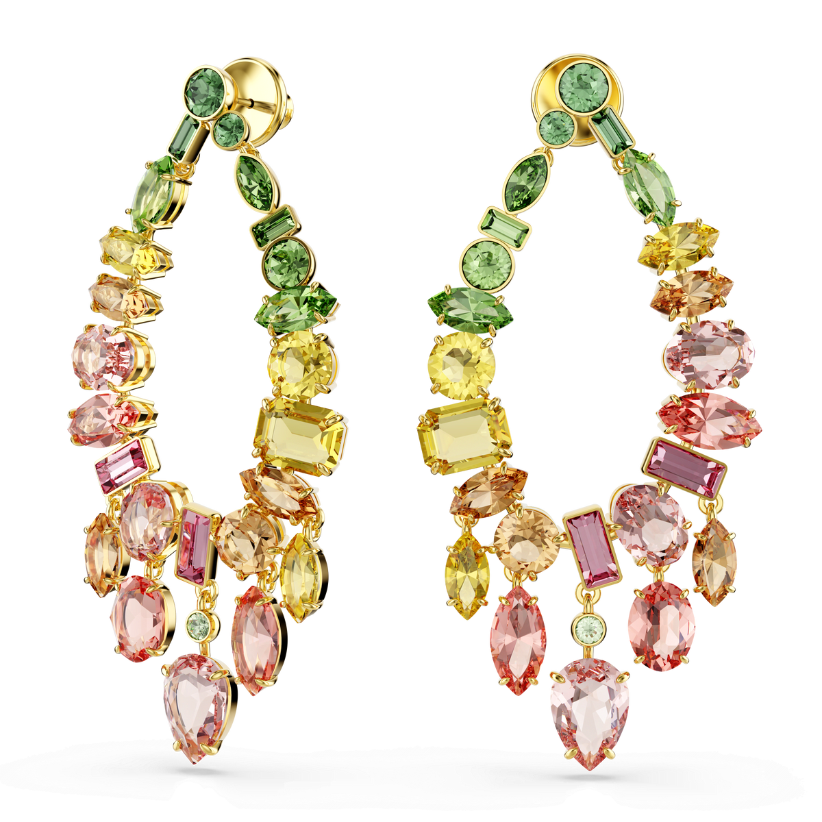 Introducing the Swarovski Gema drop earrings — exquisite chandelier-style earrings featuring mixed-cut, multicolored crystals in green, yellow, pink, and peach tones. Finished with an elegant 18K gold plating, these boho-inspired earrings showcase a free-spirited sophistication through their vibrant crystal accents and intricate artistic design.