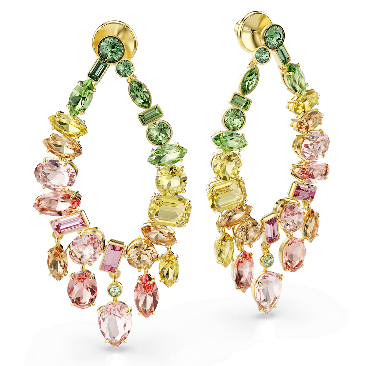 Swarovski Gema drop earrings are chandelier-style accessories with an 18K gold finish, showcasing mixed-cut multicolored gemstones in vibrant green, yellow, pink, and peach tones.