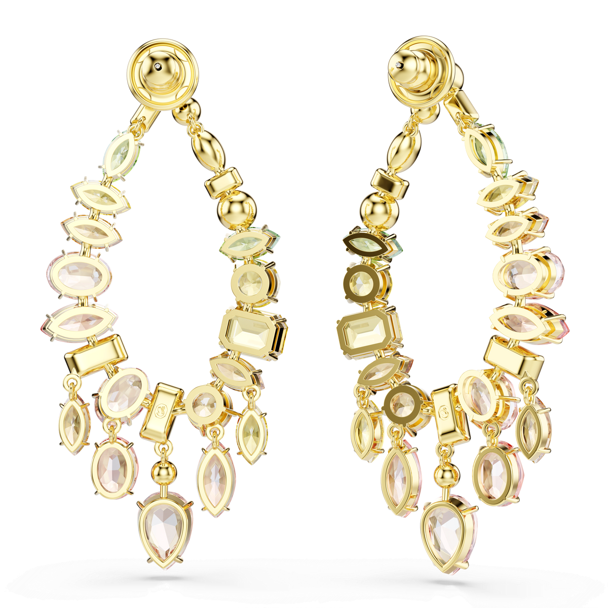 Swarovski Gema drop earrings by Swarovski feature a chandelier design with mixed-cut, multicolored gemstones in marquise, oval, and rectangular shapes, all set in an 18K gold finish. Their looped, dangling silhouette adds an effortless touch of boho style against a light background.