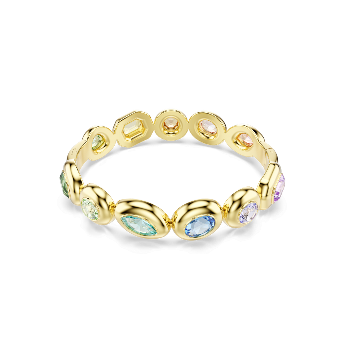 The Swarovski Gema bangle, featuring mixed-cut multicolored gemstones set around an 18K gold-finished band, showcases a dazzling array of asymmetrical crystals and is elegantly displayed on a white background.