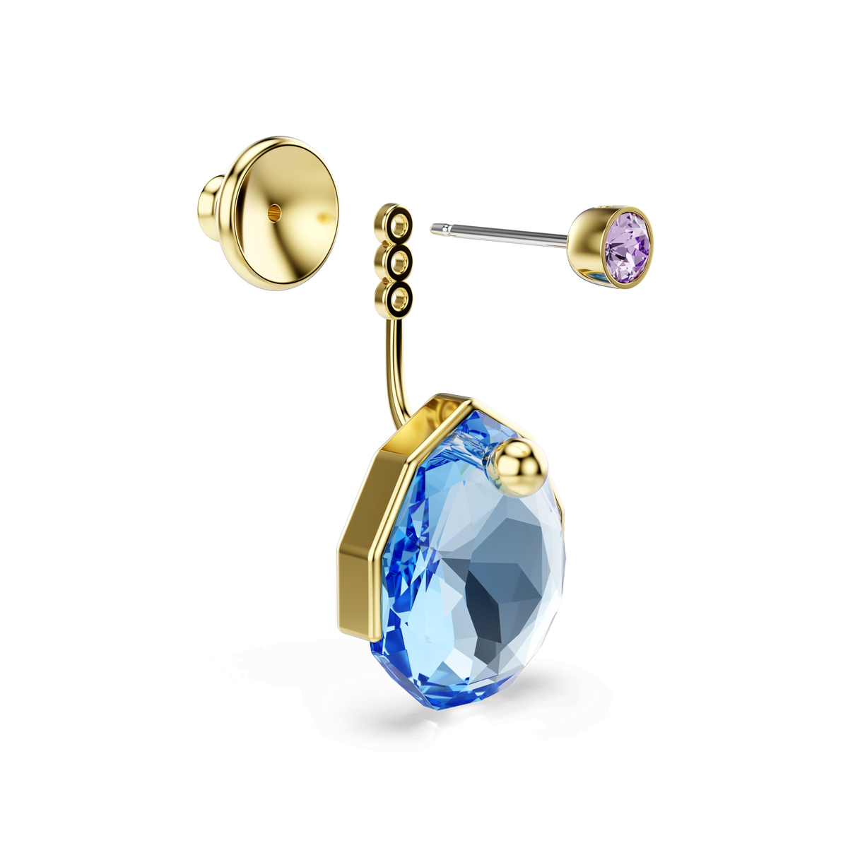 Showcased on a white background, the Swarovski Gema earring jackets feature a striking design with a large faceted blue gemstone and a smaller purple stud. Finished in 18K gold, these versatile earrings from Swarovski include detachable parts that add an elegant touch to this unique pair.
