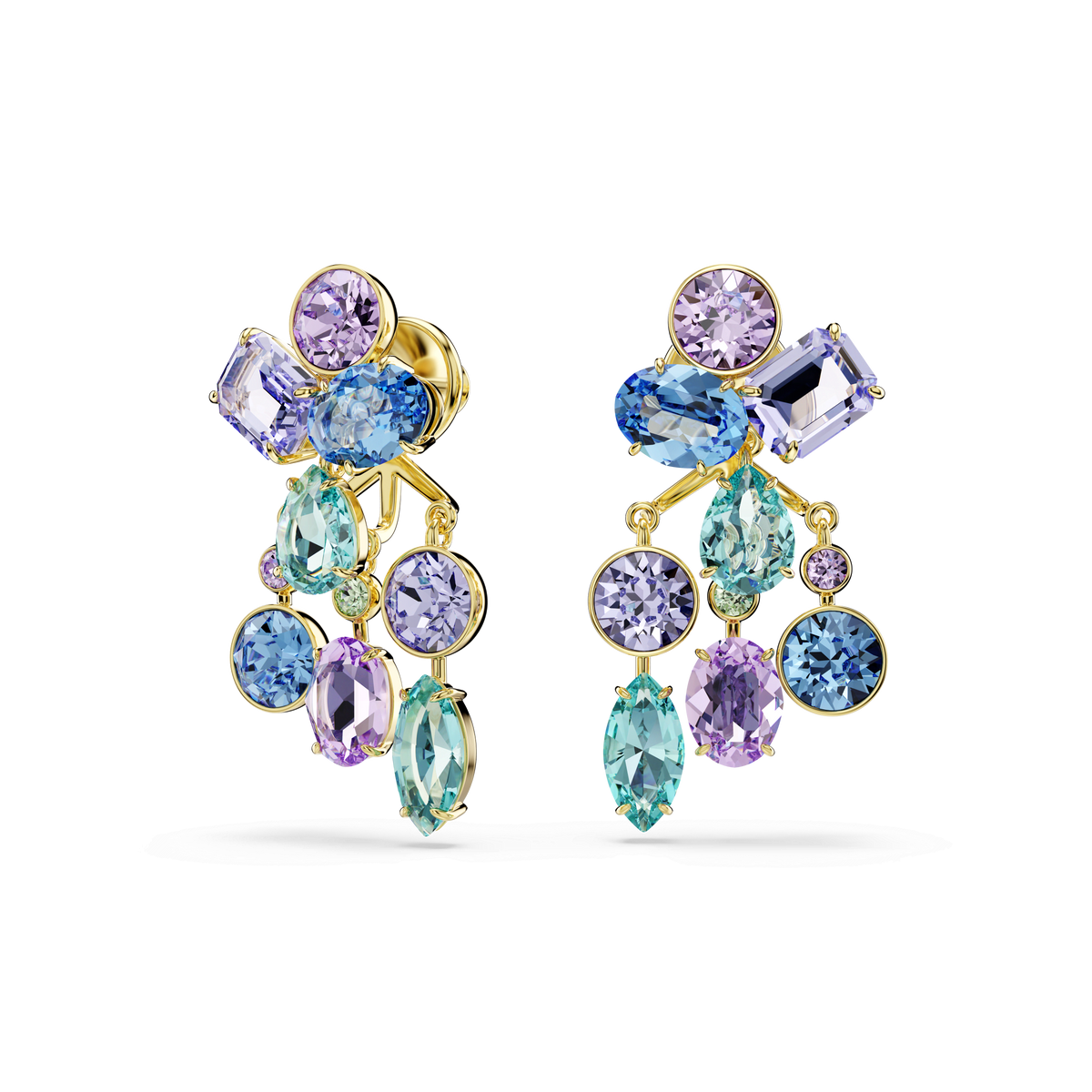 The Swarovski Gema earring jackets feature a dazzling mix of multicolored crystals in assorted cuts, artfully clustered in a dangling design with an elegant 18K gold finish, set against a plain white background.