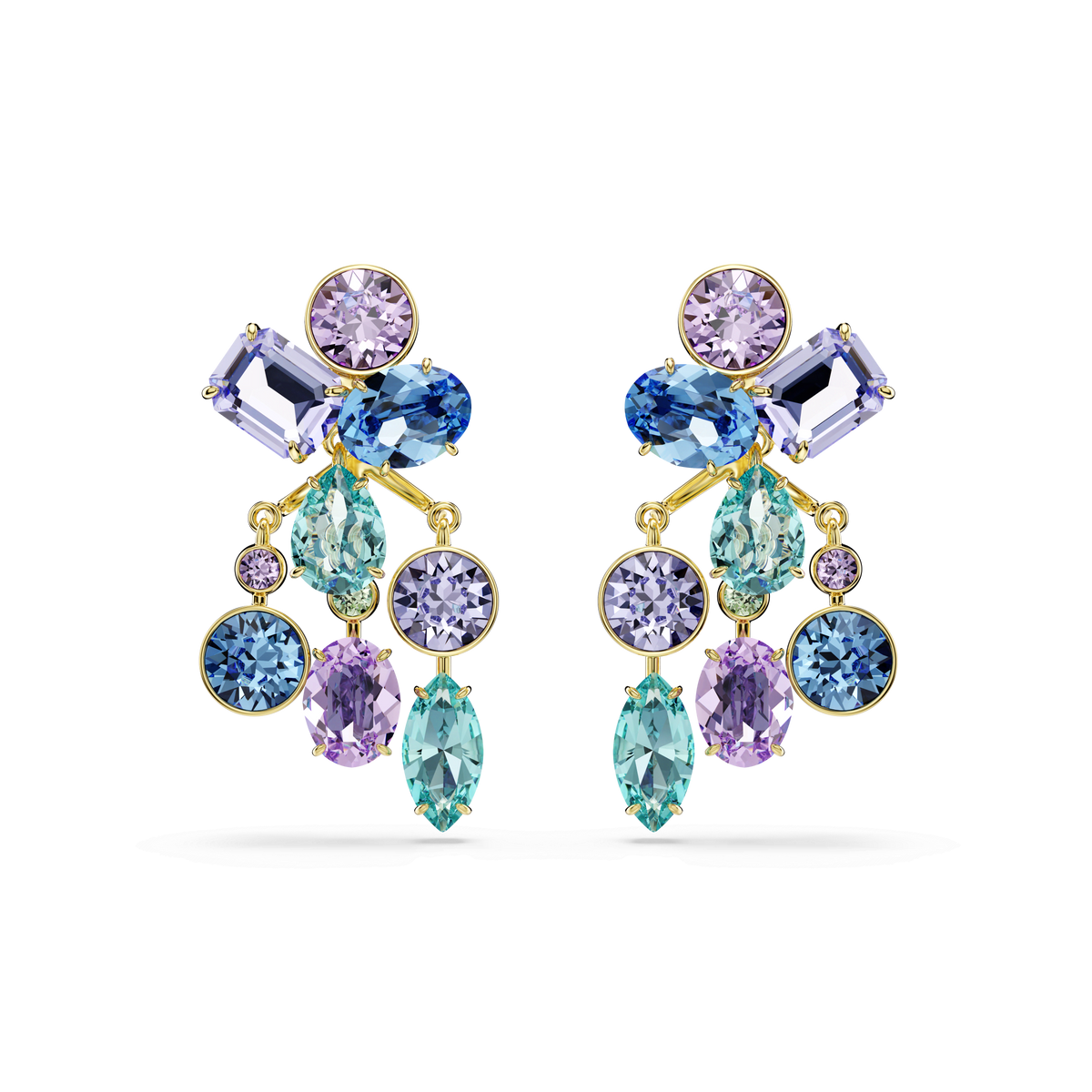 A pair of Swarovski Gema earring jackets with an 18K gold finish, featuring a mix of colorful crystals in blue, purple, and turquoise shades—crafted in round, oval, and rectangular cuts—arranged in a sophisticated symmetrical design.