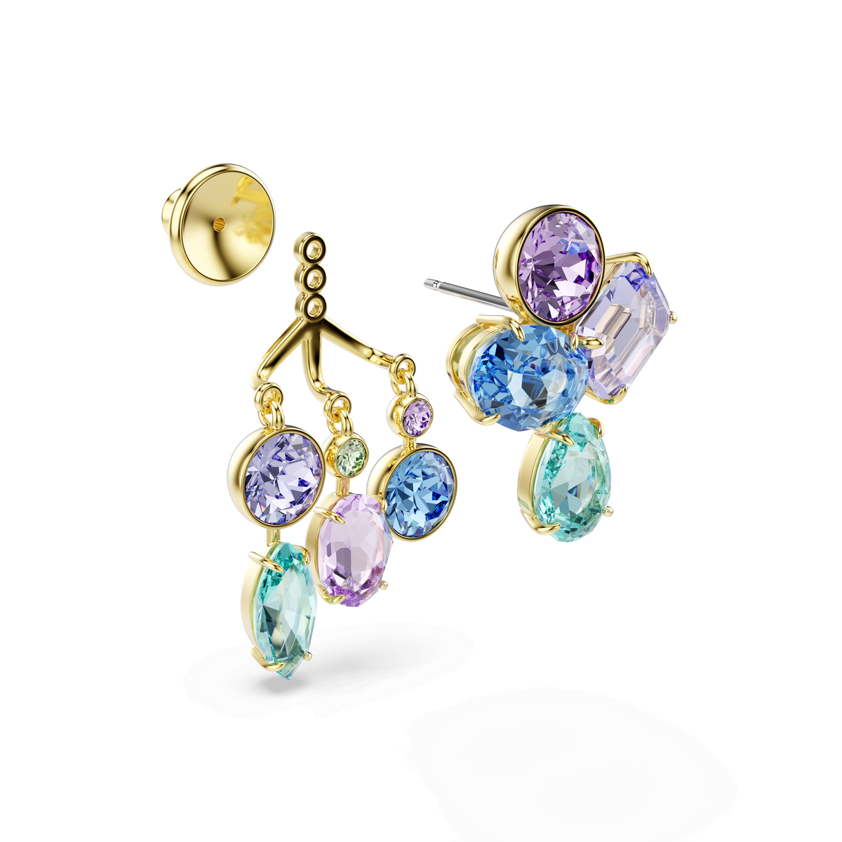 Swarovski Gema earring jackets featuring mixed-cut, multicolored crystals in pastel shades of purple, blue, and green with an elegant 18K gold finish, displayed on a white background.