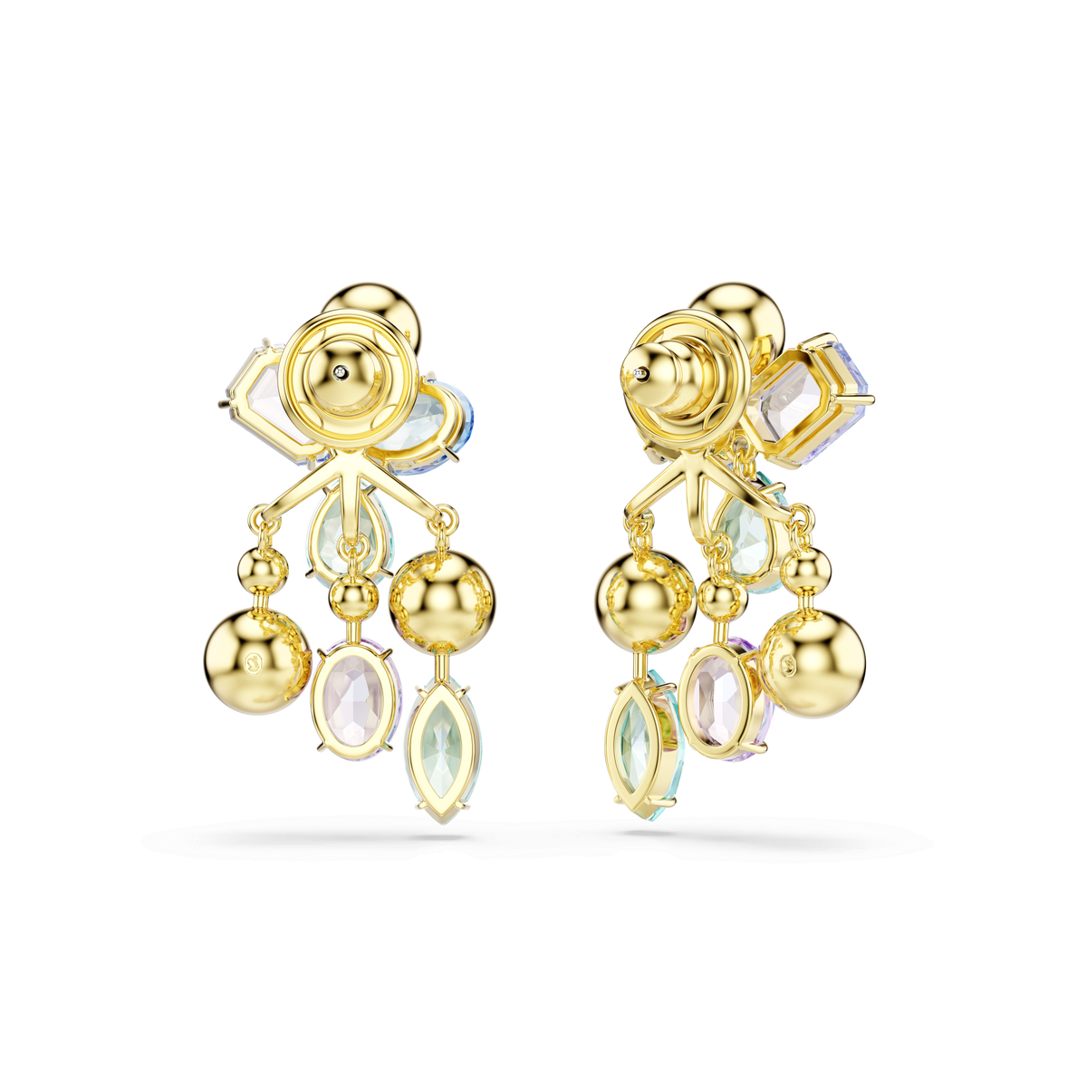 Swarovski Gema earring jackets featuring mixed-cut, multicolored crystals in various shapes and a luxurious 18K gold finish, displayed on a plain light background.