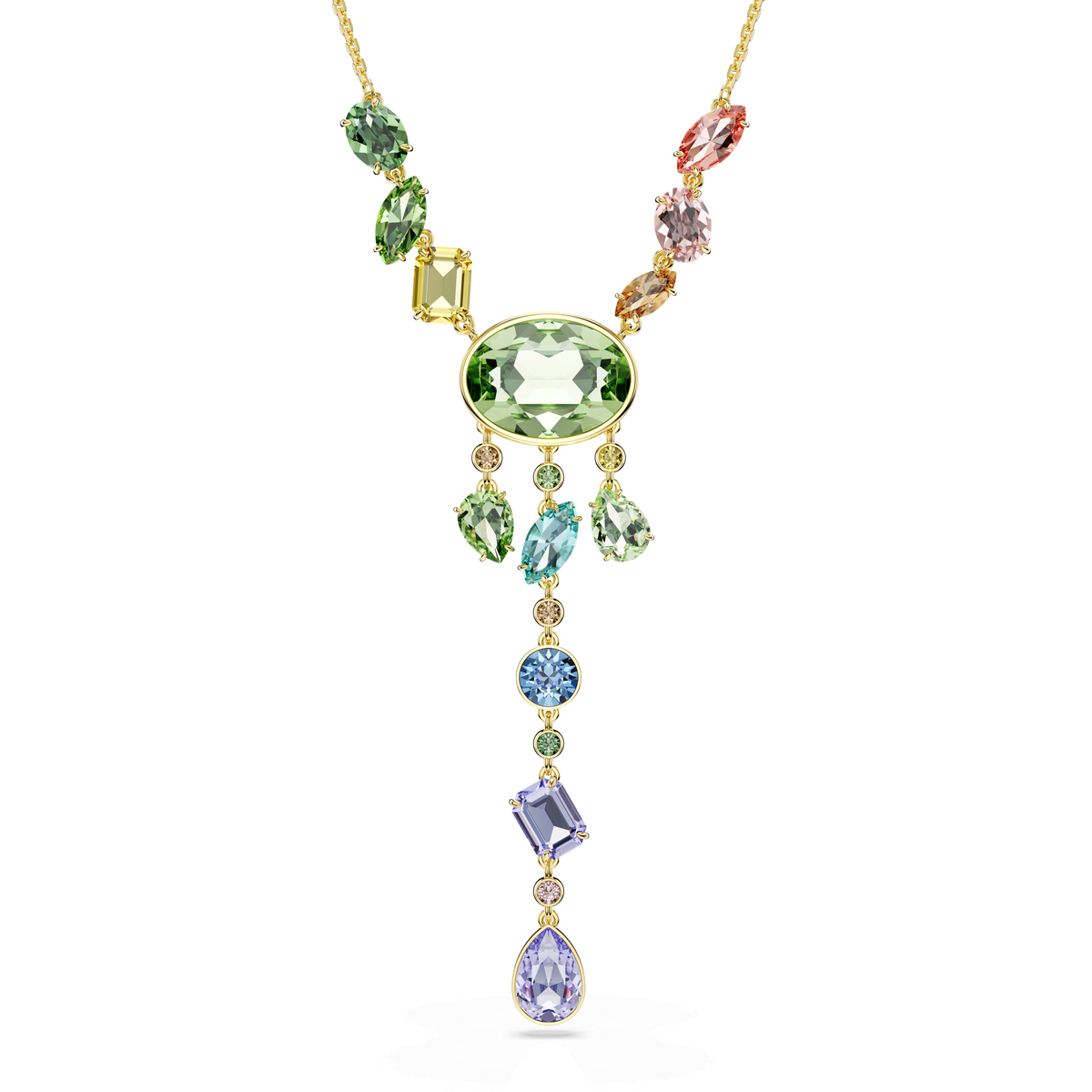 Discover the Swarovski Gema Y necklace, a captivating piece from Swarovski crafted with an elegant 18K gold finish. This modern necklace showcases an asymmetric design featuring mixed-cut, multicolored Swarovski Recreated crystals in vibrant shades of green, pink, blue, and purple. A striking central green stone draws attention to the cascading pendant, which highlights an array of gem shapes and hues. Ethically made and brilliantly designed, this exquisite piece combines contemporary style with the