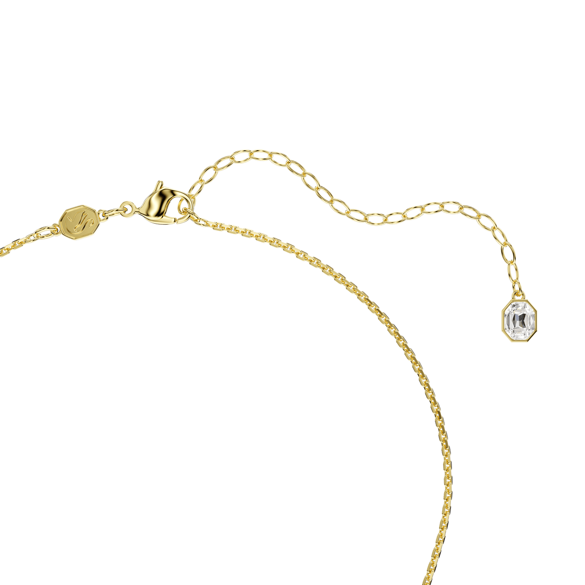 A close-up of the Swarovski Gema Y necklace, featuring mixed-cut, multicolored Swarovski Recreated crystals on an 18K gold-finish chain with a lobster clasp and an extension chain ending in a small rectangular green crystal charm.