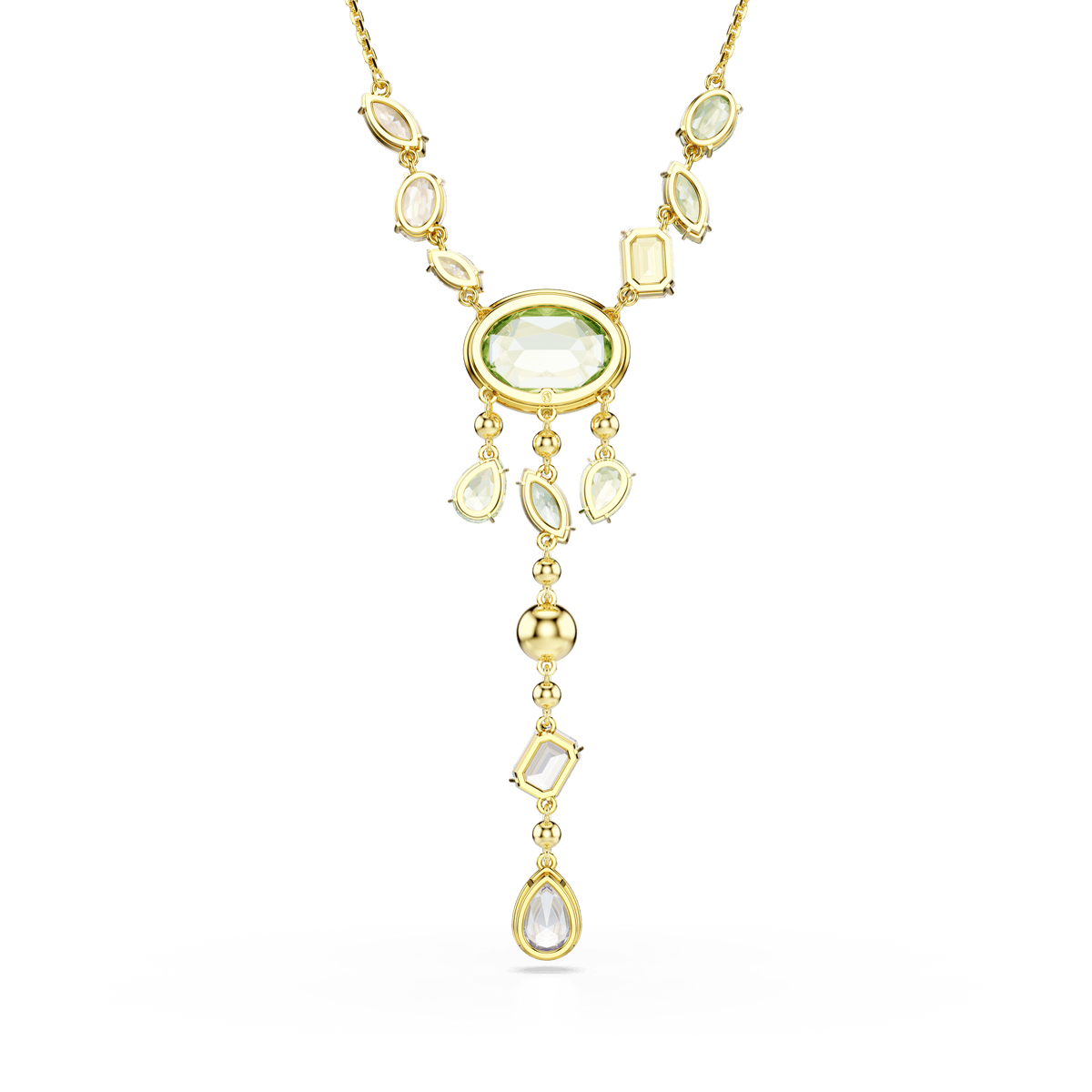 Introducing the Swarovski Gema Y necklace—an exquisite creation from Swarovski crafted with an 18K gold finish. This dazzling multicolored necklace features mixed-cut Swarovski Recreated crystals in light green and clear tones, highlighted by an oval centerpiece, two shorter gemstone strands, and a longer central drop ending in a teardrop-shaped crystal. Perfect for any occasion, this stunning green crystal necklace exudes elegance and sophistication.