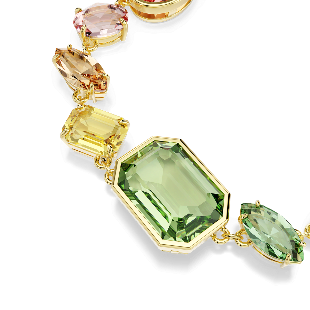 Close-up of the Swarovski Gema bracelet, showcasing mixed-cut gemstones in pastel green, yellow, pink, and peach tones, set in an 18K gold finish against a white background.