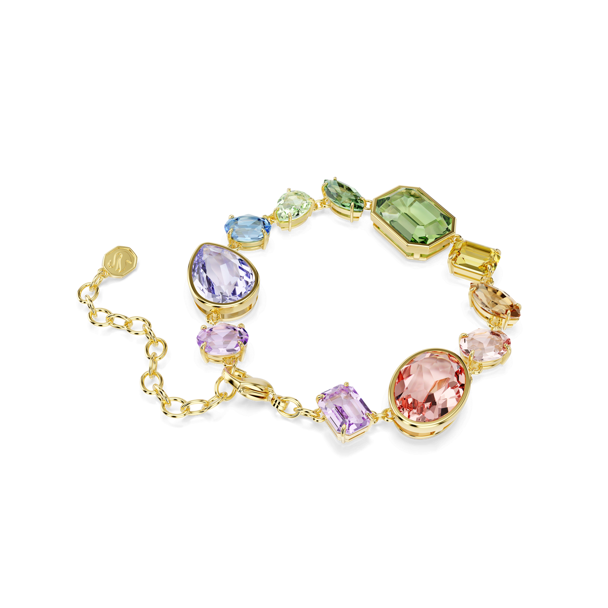 Showcased on a white background, the Swarovski Gema bracelet features an array of multicolored gemstones in mixed cuts, linked by a lustrous 18K gold-finished chain with an adjustable clasp. This radiant piece from Swarovski is an elegant addition to any jewelry collection.