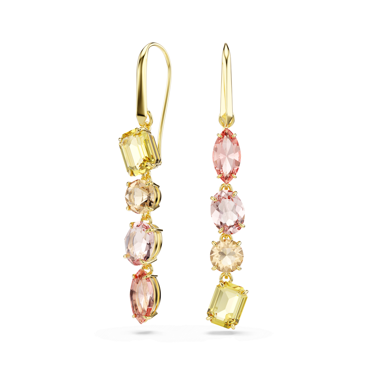 Swarovski Gema drop earrings by Swarovski feature an asymmetrical design with mixed-cut pink crystals, set in prongs and finished with luxurious 18K gold, beautifully displayed on a white background.
