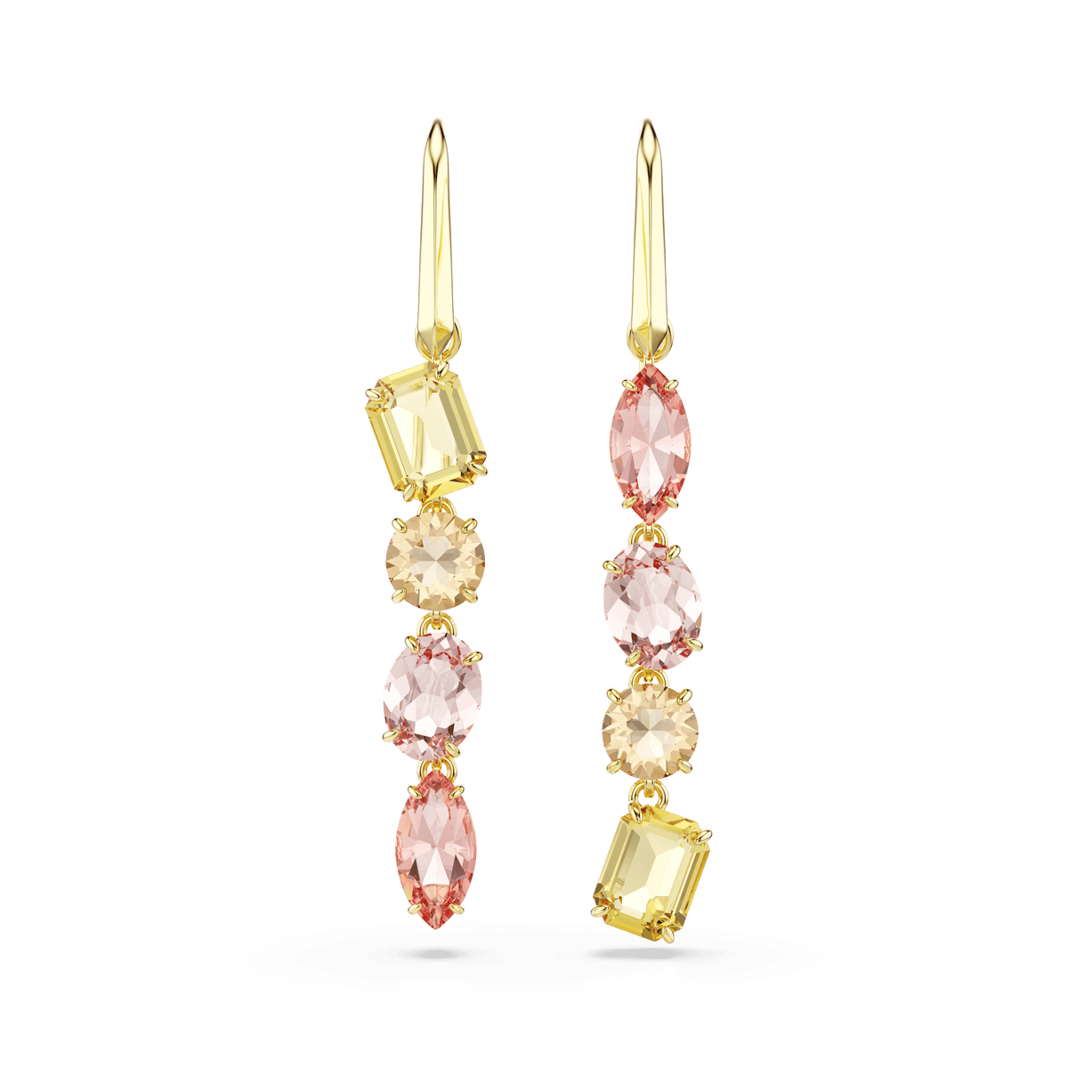 The Swarovski Gema drop earrings feature an asymmetrical design with mixed cuts in pink, showcasing alternating marquise, round, and emerald-shaped gemstones complemented by colorful crystals and finished in 18K gold. The earrings are displayed against a white background.