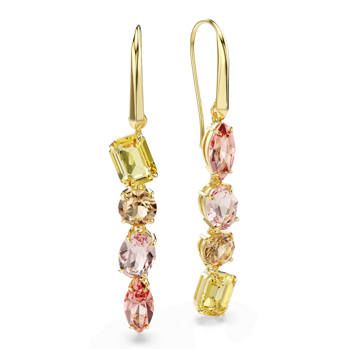 The Swarovski Gema drop earrings feature an asymmetrical design with three mixed-cut pink crystals on each earring, set in a vertical arrangement and finished with a radiant 18K gold plating.