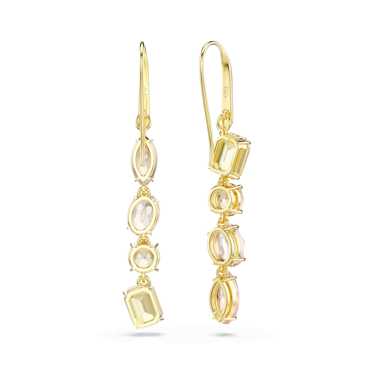 Swarovski Gema drop earrings featuring an asymmetrical design with mixed-cut pink gemstones, beautifully displayed against a plain white background. Expertly crafted by Swarovski with an elegant 18K gold finish, these earrings add a touch of sophistication to any look.