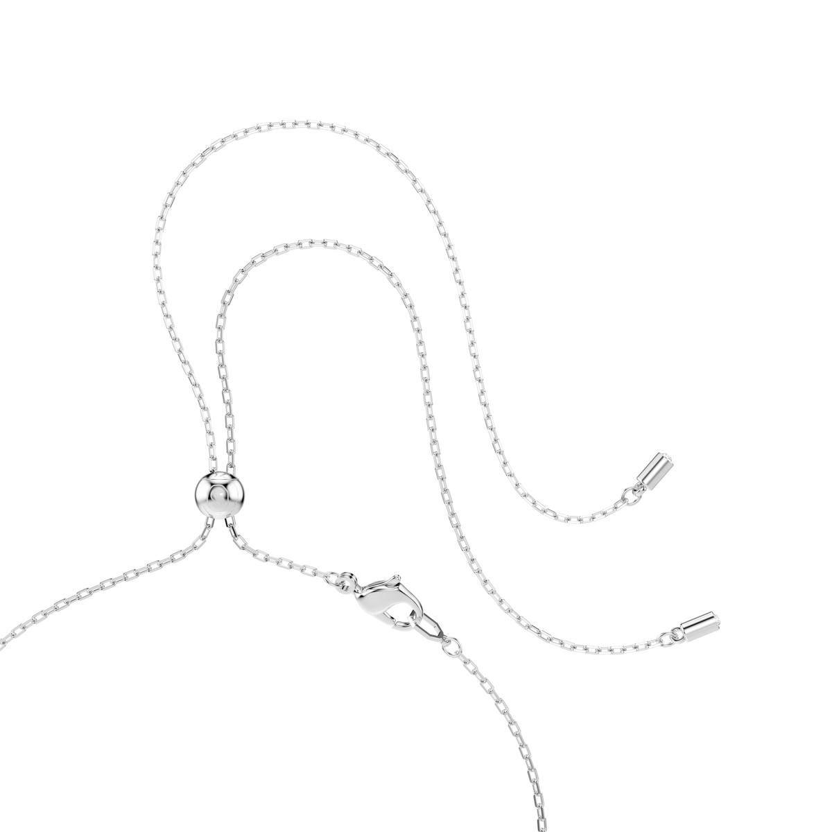 A rhodium-plated adjustable chain bracelet inspired by the Swarovski Magic Snowflake pendant and brooch features a sliding bead and lobster clasp, set against a plain white background. Evoking the refined elegance of Swarovski’s iconic blue Snowflake design, the chain ends are finished with sleek cylindrical tips.