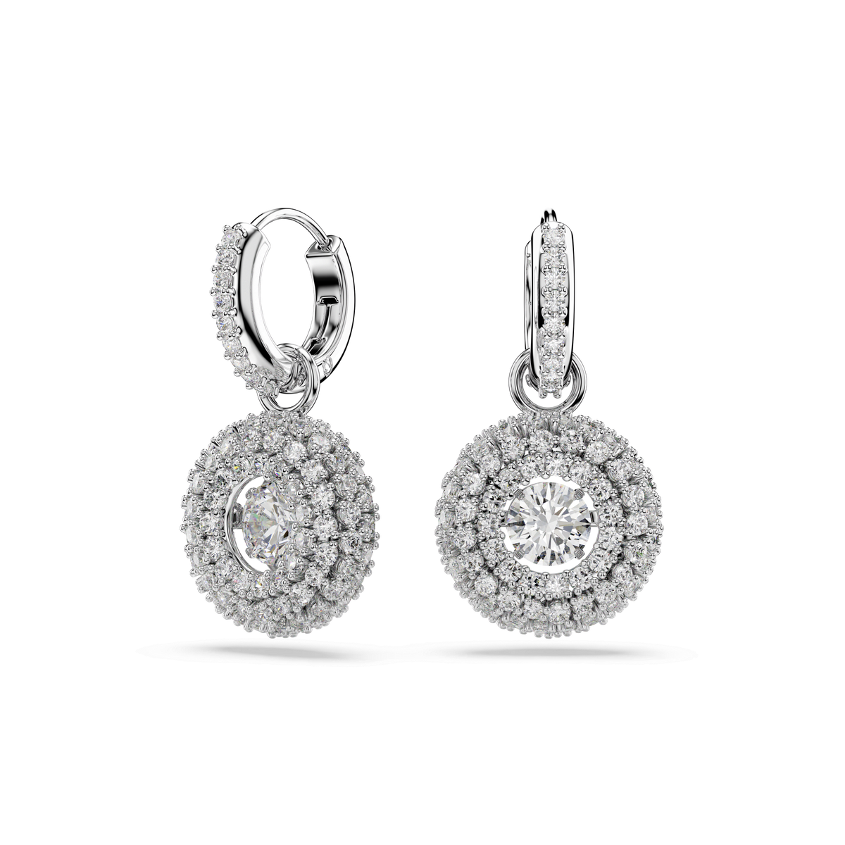 Elevate your jewelry collection with the Swarovski Sublima drop earrings. Expertly crafted in rhodium plate, each earring showcases a round-cut, sparkling clear Swarovski gemstone at the center, encircled by a double halo of smaller stones on both the hoop and the dangling element. These radiant white earrings capture timeless elegance and brilliant sophistication in every detail—an exquisite creation from Swarovski.