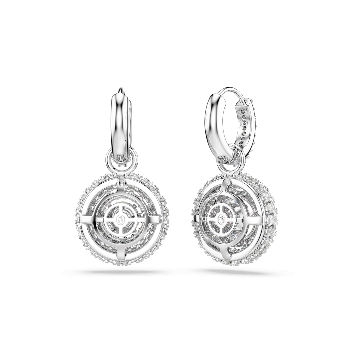 Swarovski Sublima drop earrings, featuring round-cut white stones and intricate circular patterns with rhodium plating, reminiscent of classic Swarovski elegance, displayed on a white background.