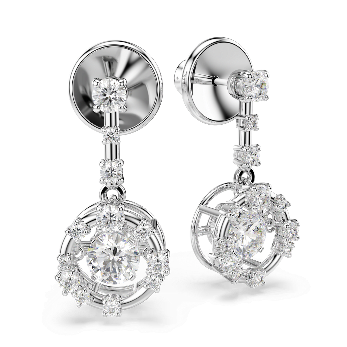 A pair of Swarovski Constella drop earrings crafted in rhodium-plated metal, showcasing round-cut dancing stones in white, set against a white background.