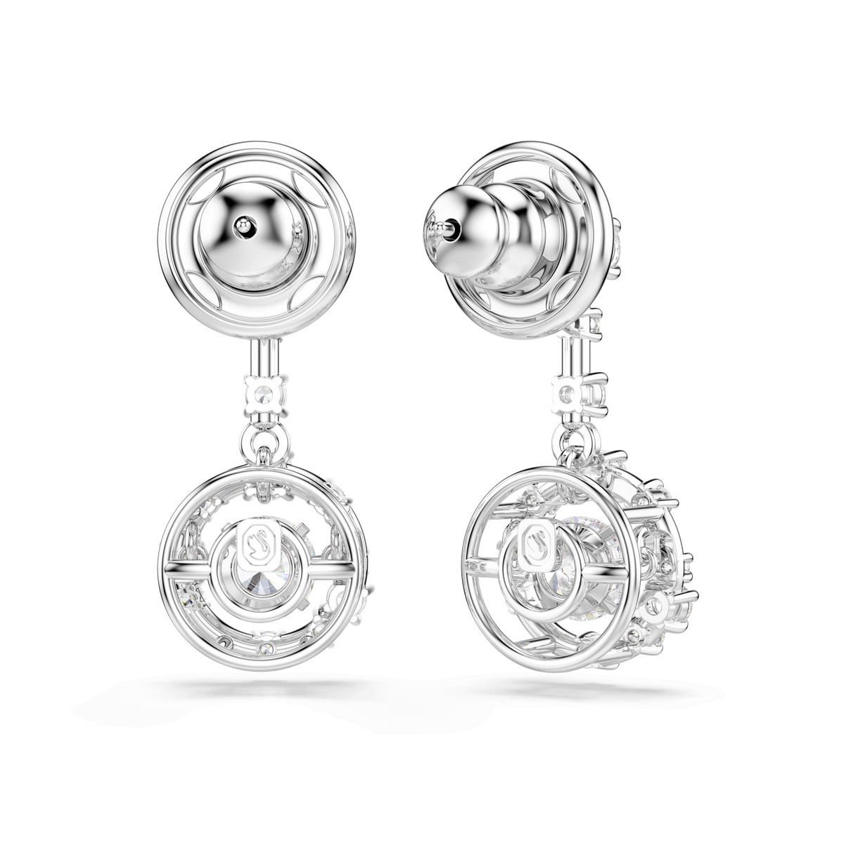 A pair of Swarovski Constella drop earrings in rhodium plating, featuring round-cut, dancing white stones showcased in delicate cage-like circular designs, displayed from the front and side on a plain white background.