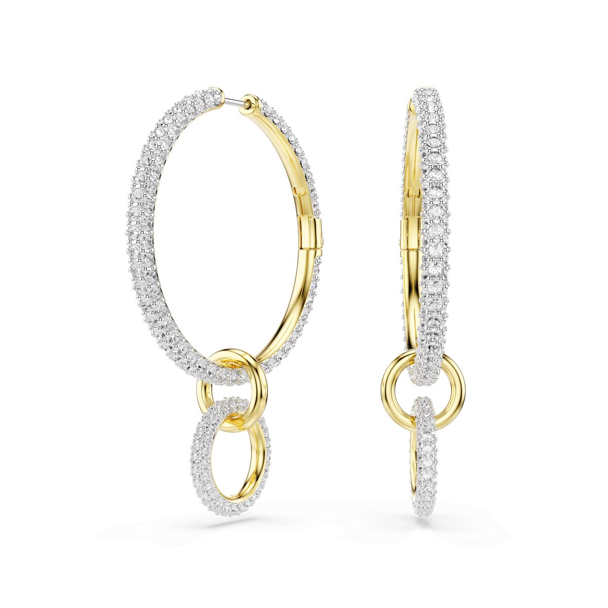 The Swarovski Dextera hoop earrings feature a smaller, linked hoop attached to each main 18K gold-finished hoop, both encrusted with round-cut sparkling clear crystals, shown against a plain white background.