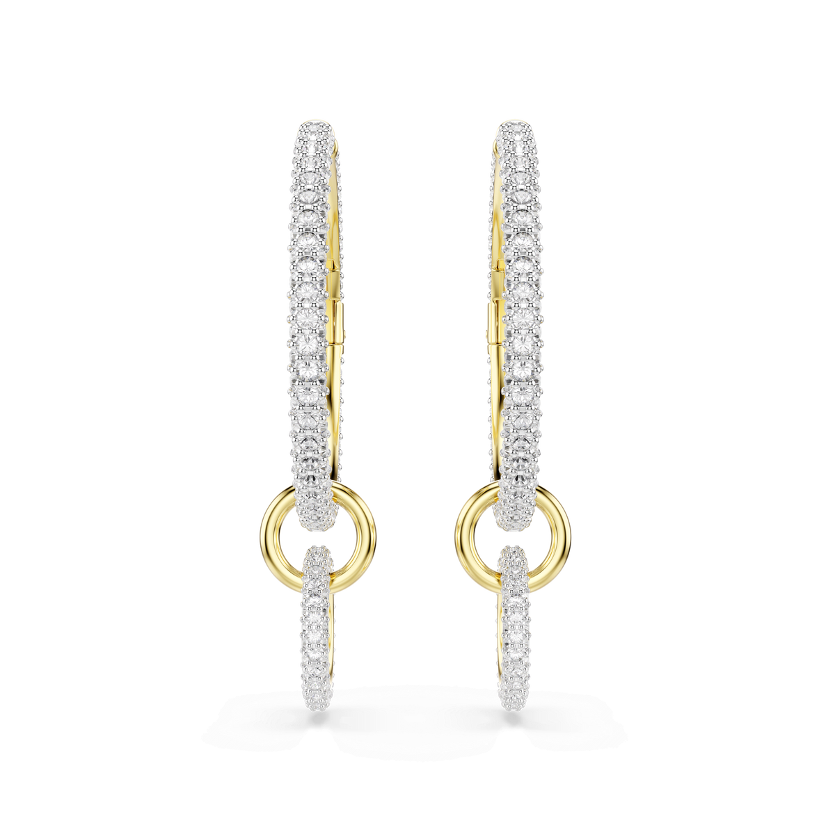 The Swarovski Dextera hoop earrings, crafted with a radiant 18K gold finish and adorned with round-cut white crystals, are displayed side by side against a plain white background. Each earring showcases a smaller gold ring suspended from the larger, crystal-embellished hoop, infusing an elegant flair into these stunning accessories by Swarovski.