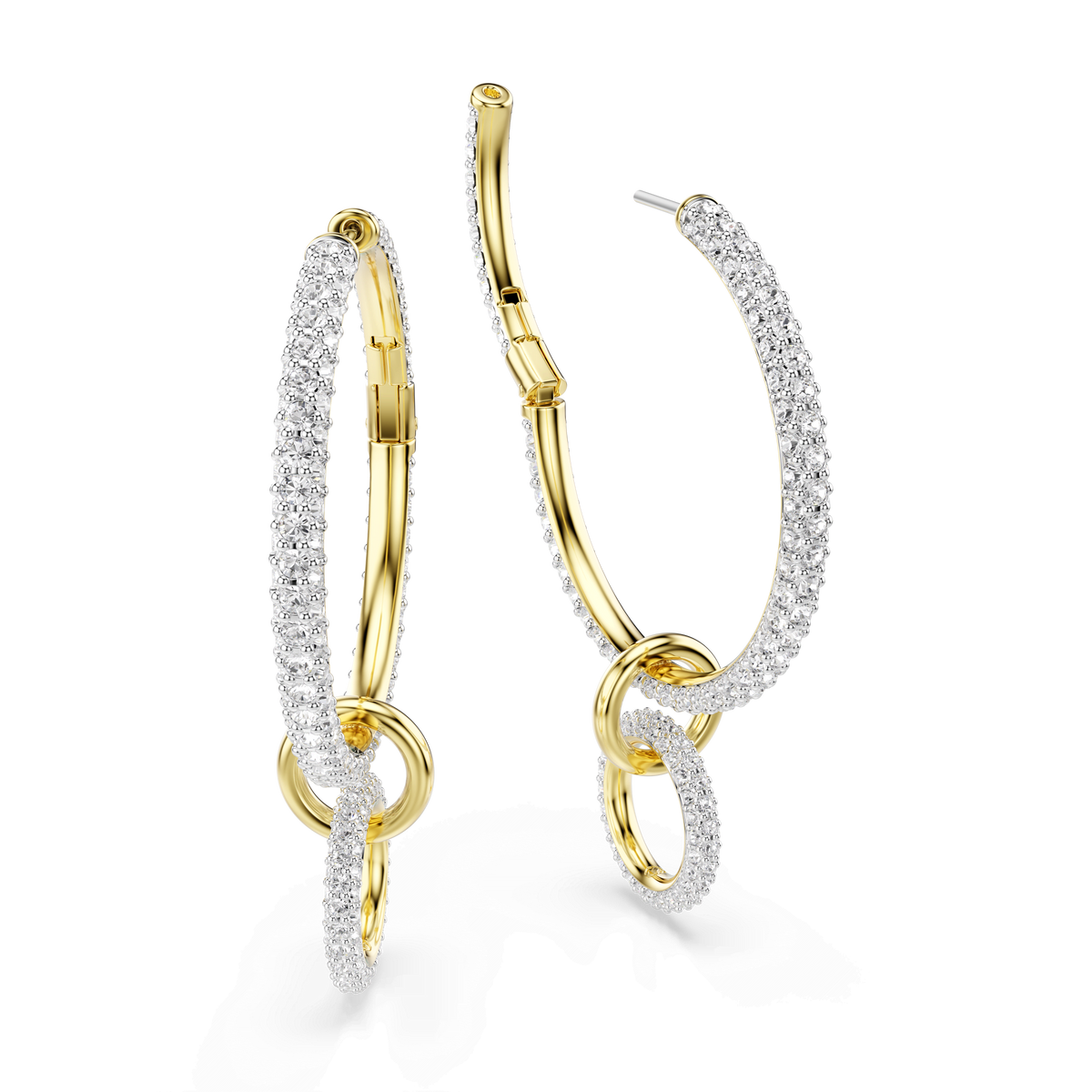Swarovski Dextera hoop earrings, crafted with an 18K gold finish and featuring two interlocking loops adorned with round-cut white crystals, are displayed against a plain white background.