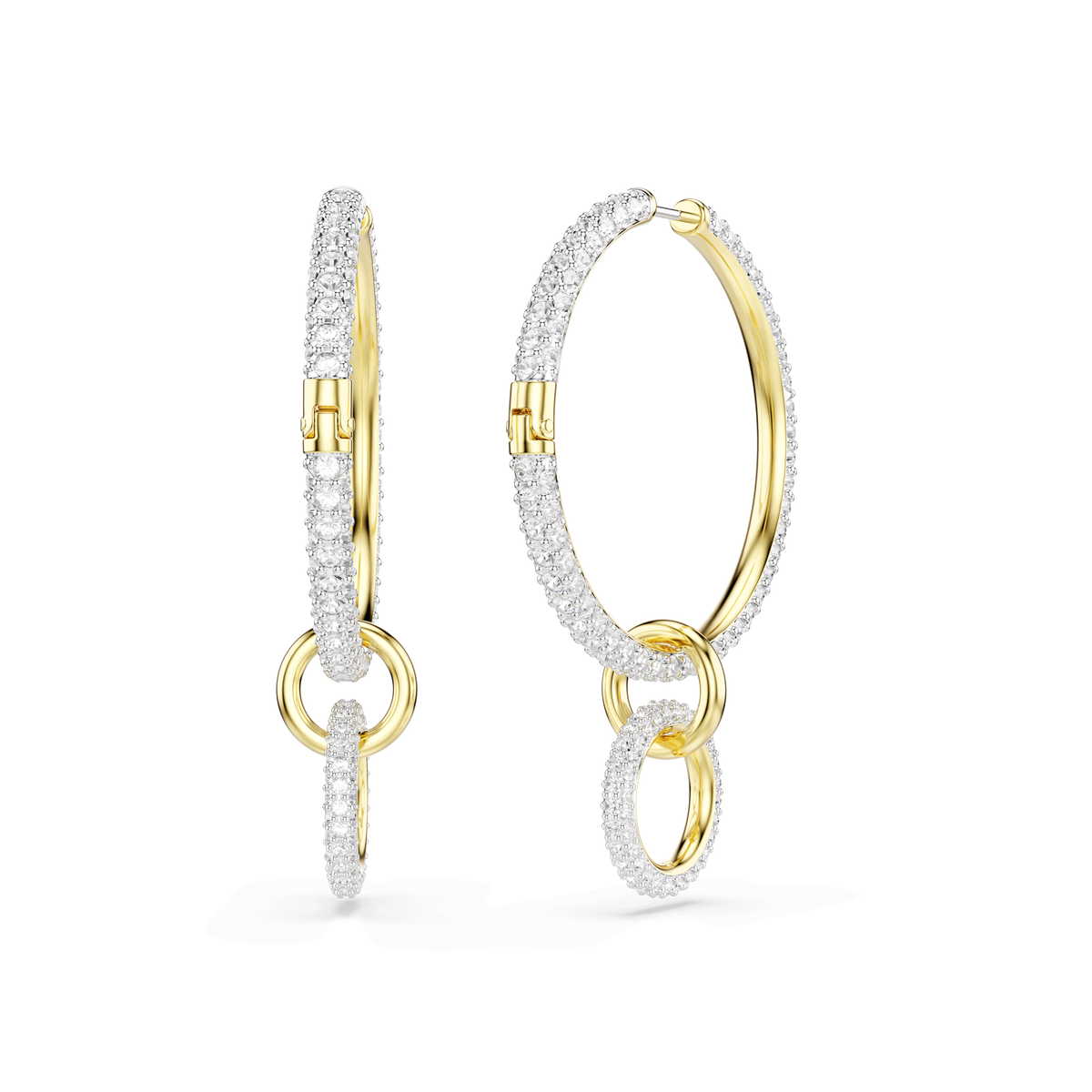 A pair of Swarovski Dextera hoop earrings in an 18K gold finish, each adorned with round-cut white crystals and featuring a smaller, crystal-encrusted hoop suspended from the larger one, displayed against a plain white background.