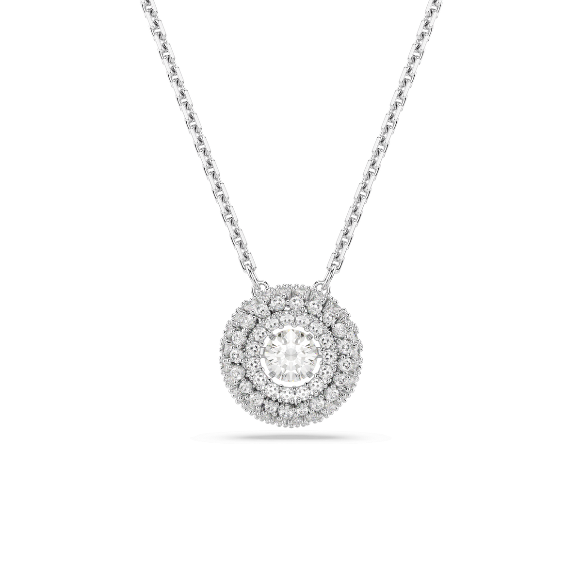 A Swarovski Sublima pendant, featuring a round-cut central dancing stone and two rows of smaller white crystals, rhodium plated, displayed against a plain white background.