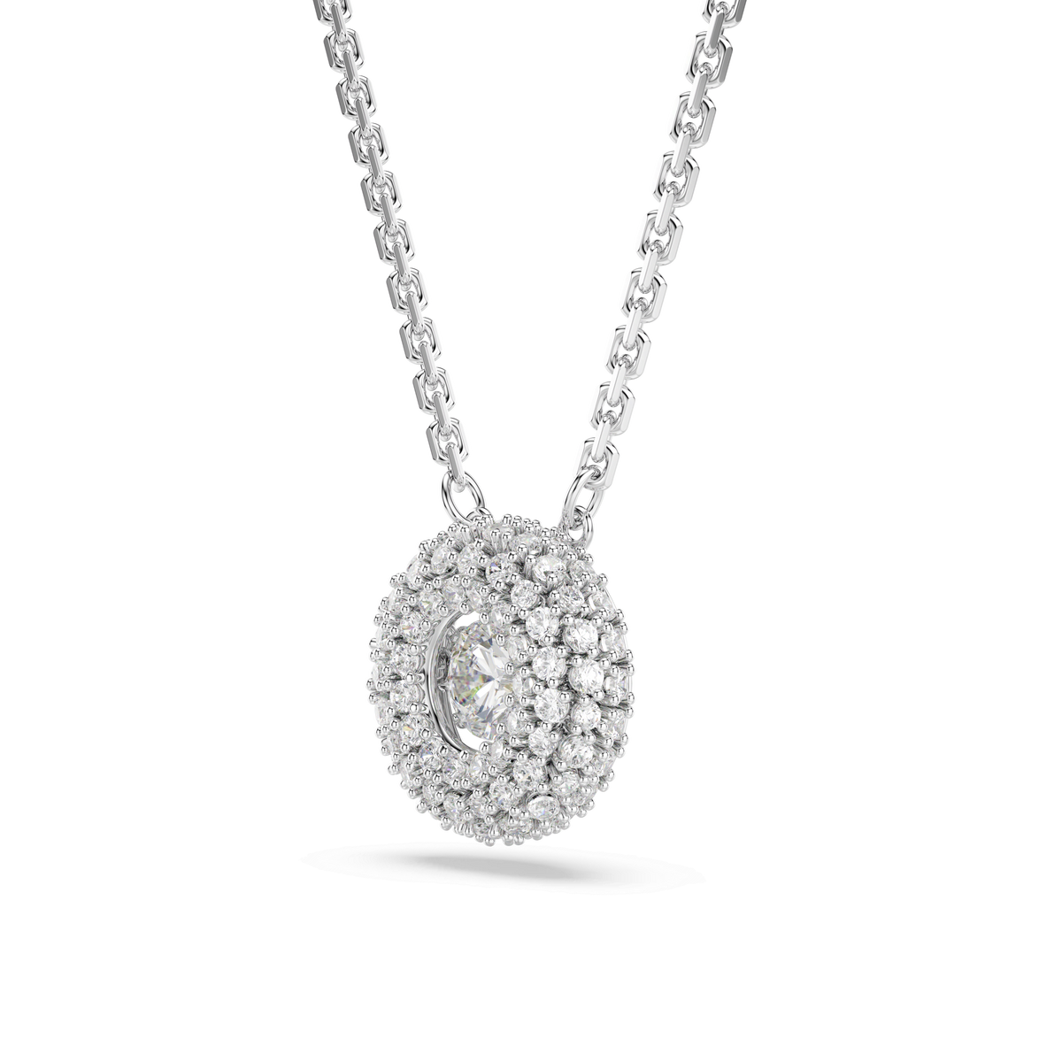 A Swarovski Sublima pendant necklace featuring a round-cut white crystal set in rhodium plating, showcased against a plain white background.