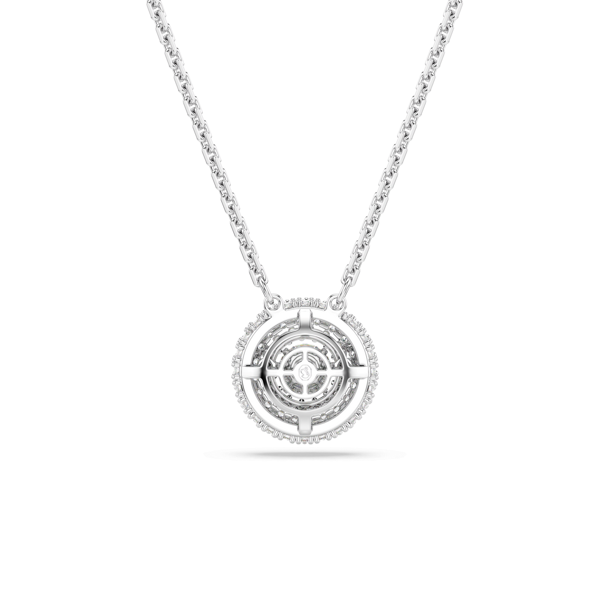 A rhodium-plated necklace from Swarovski, featuring the Sublima pendant with a round cut and white Swarovski stones set in concentric rings, displayed on a white background—a stunning piece that captures the essence of elegance.