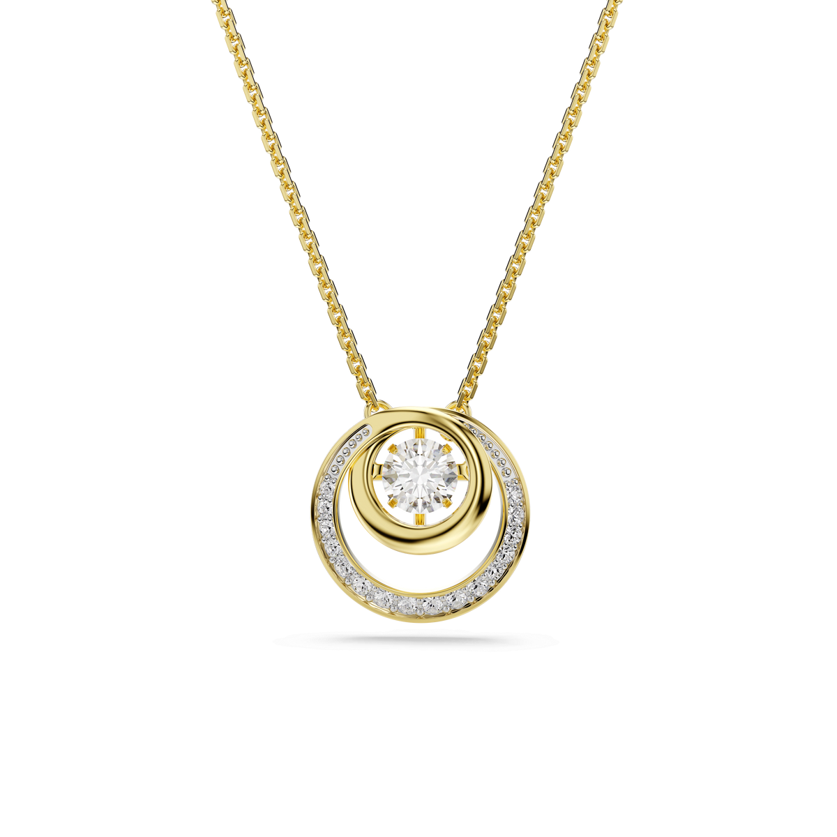 Introducing the Swarovski Hyperbola pendant: an elegant round-cut necklace with a white central dancing stone, encircled by an 18K gold-finished ring and a crescent adorned with shimmering Swarovski crystals, showcased against a plain white background.