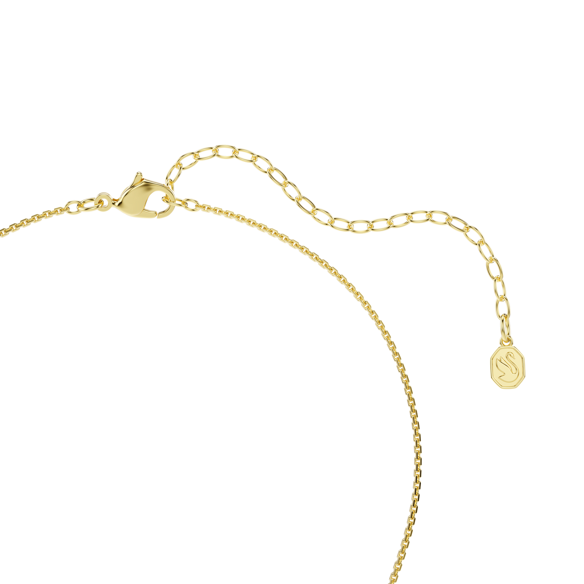 A refined necklace from Swarovski, the Hyperbola pendant features a round cut in white with an 18K gold finish. Its delicate chain includes an adjustable extension with a lobster clasp, and the extension is adorned with a small oval charm engraved for an added touch of elegance.