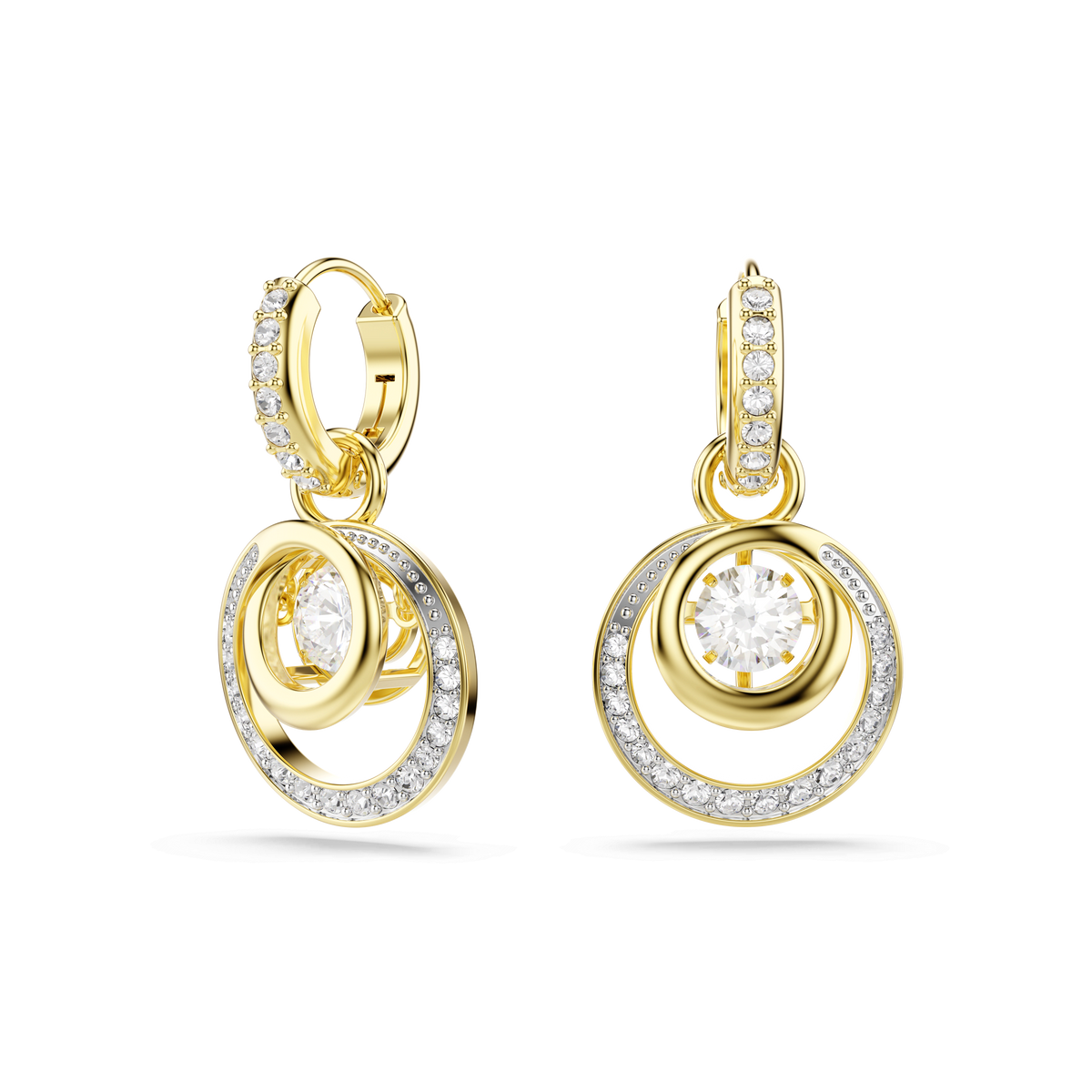 Swarovski Hyperbola drop earrings, featuring round-cut white stones and an 18K gold finish, with a large dancing stone at the center surrounded by two concentric circles embellished with smaller stones, displayed on a plain white background.
