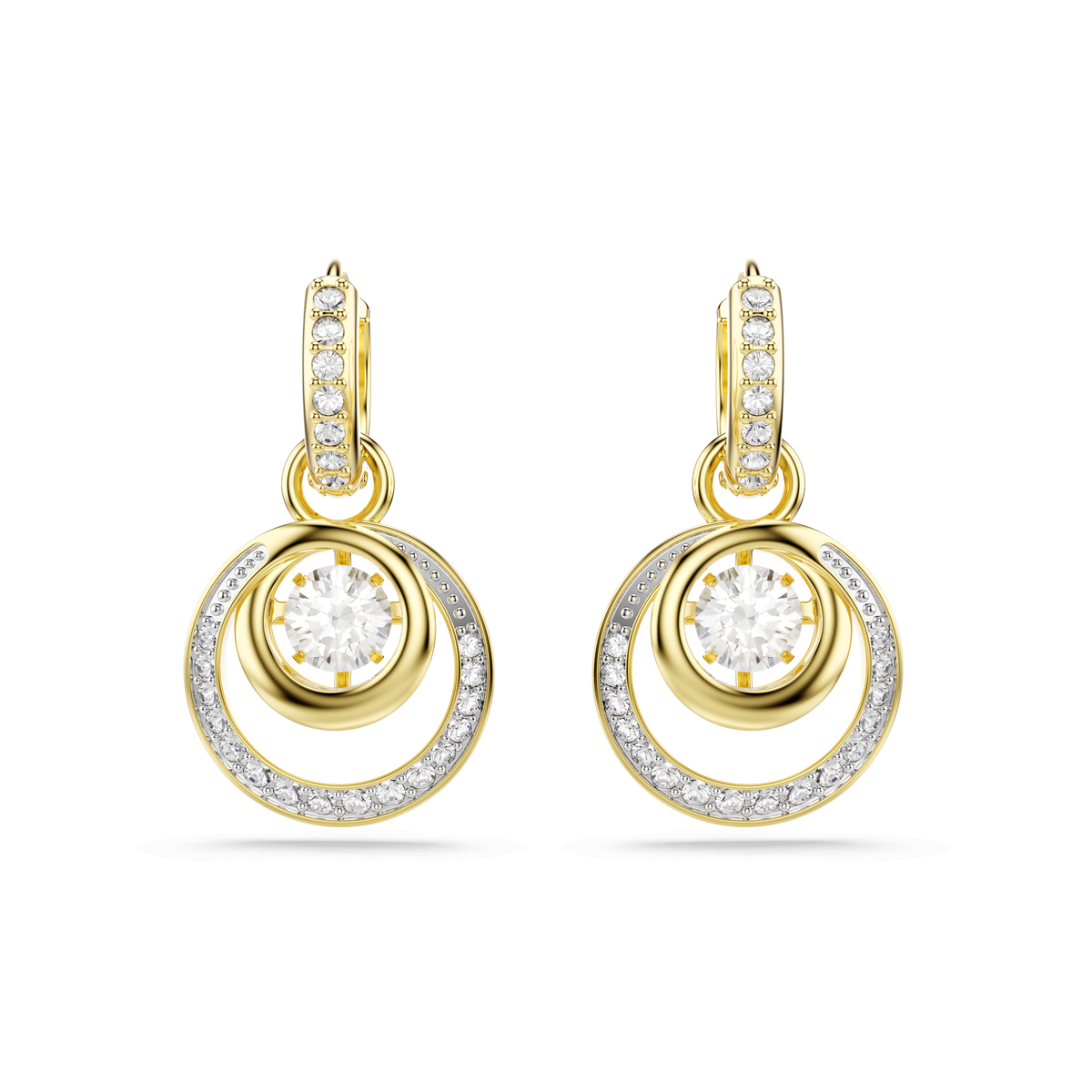A pair of Swarovski Hyperbola drop earrings, featuring a round-cut white center stone surrounded by smaller clear stones on circular frames and on the earring hooks, with an elegant 18K gold finish, displayed on a white background.