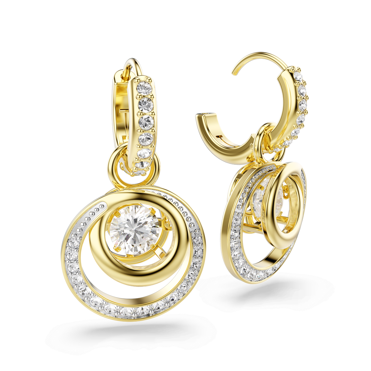 Swarovski Hyperbola drop earrings, featuring a round cut central stone surrounded by smaller clear stones set along the 18K gold finish hoops and circular pendants, displayed on a white background.