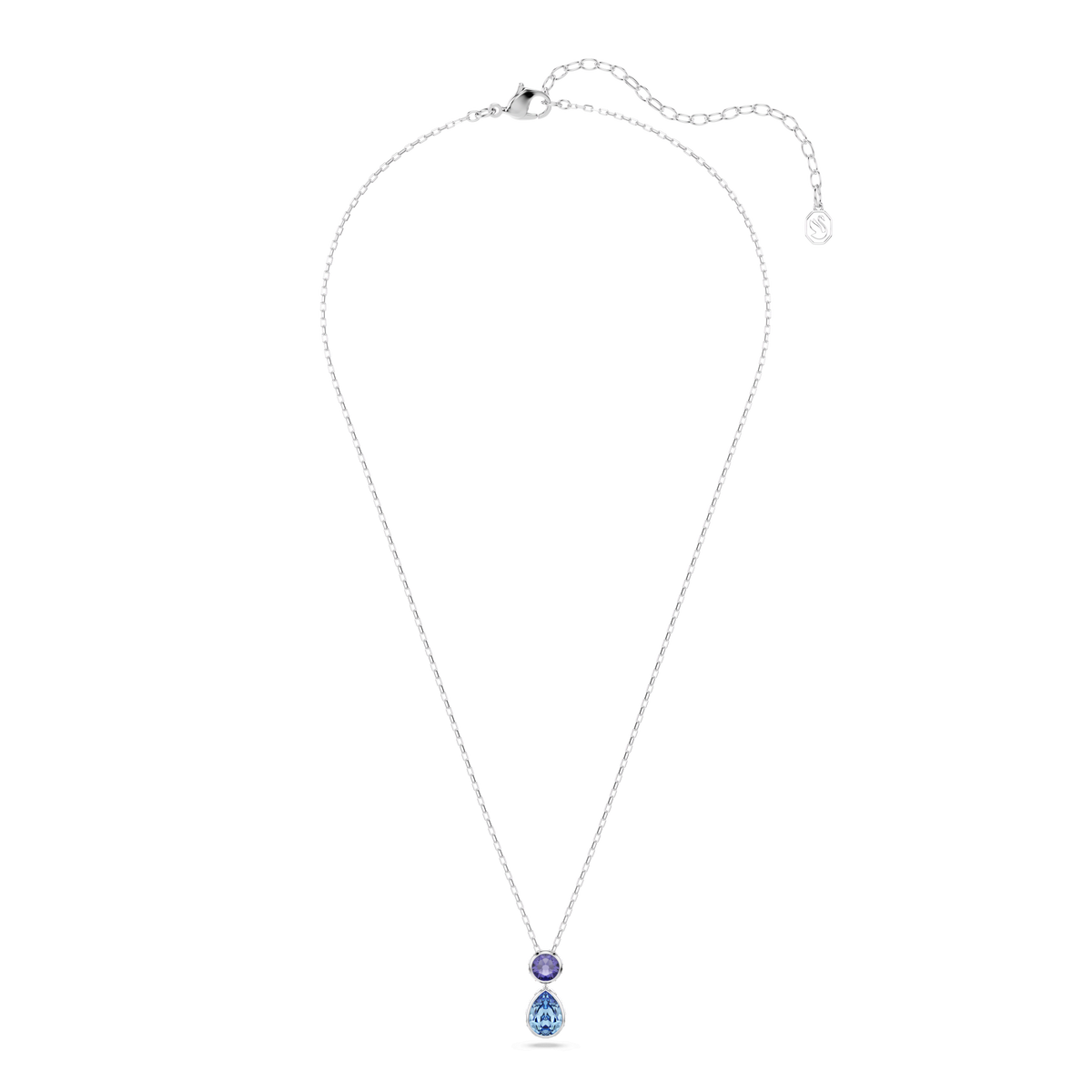 A Swarovski Chroma pendant necklace, featuring mixed-cut multicolored crystals—one round and one teardrop-shaped—set vertically on an adjustable rhodium-plated chain, perfect for personal expression.