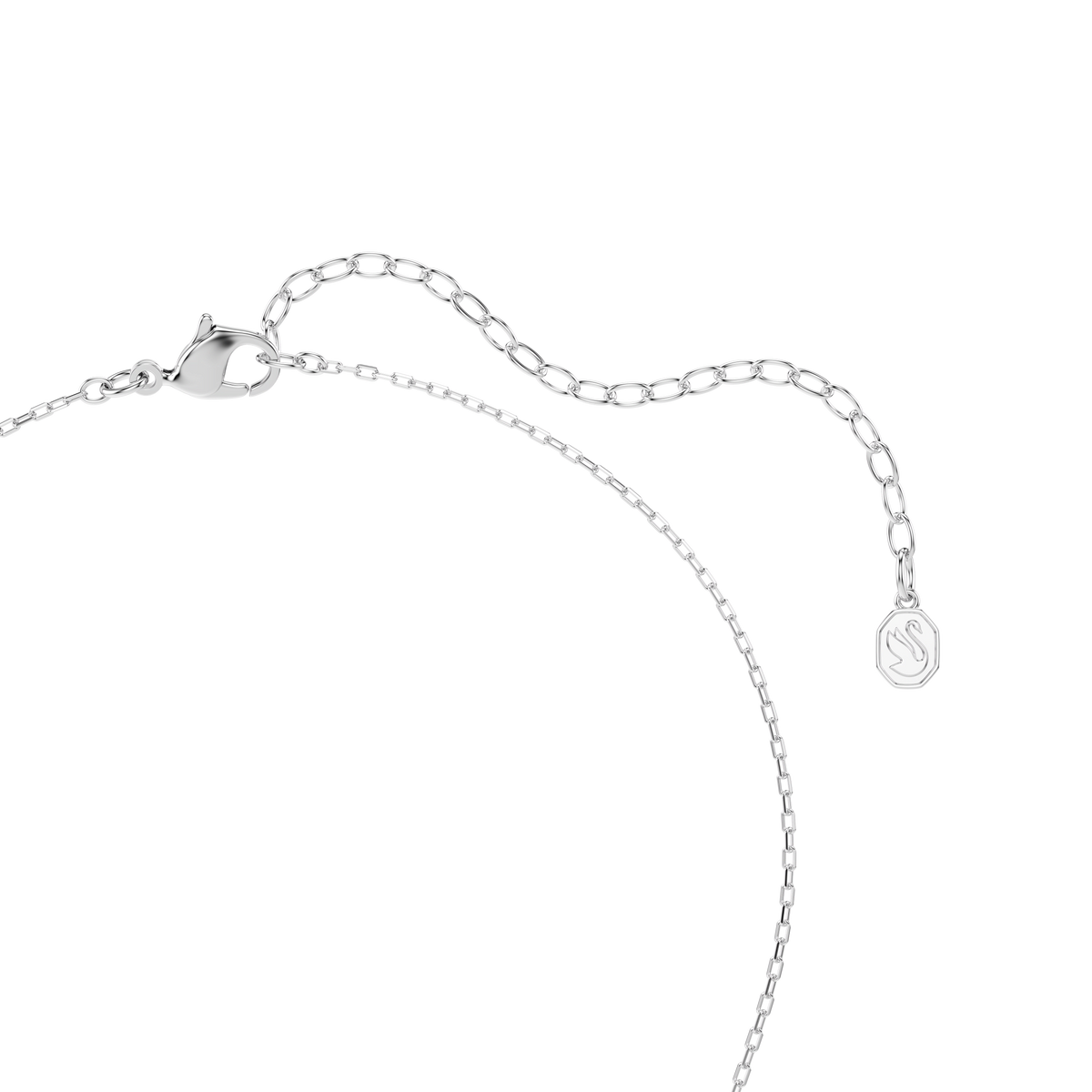 Discover the Swarovski Chroma pendant necklace: a rhodium-plated, delicate silver chain featuring a small octagonal pendant with mixed cuts, multicolored details including a subtle touch of purple crystal, and an adjustable clasp—beautifully displayed on a white background.